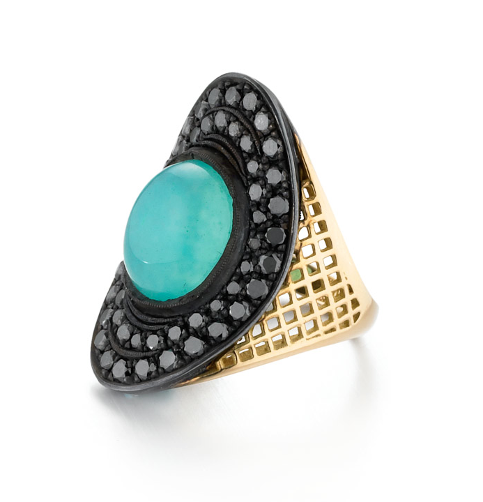 Chrysocolla and Black Diamond Regency Ring