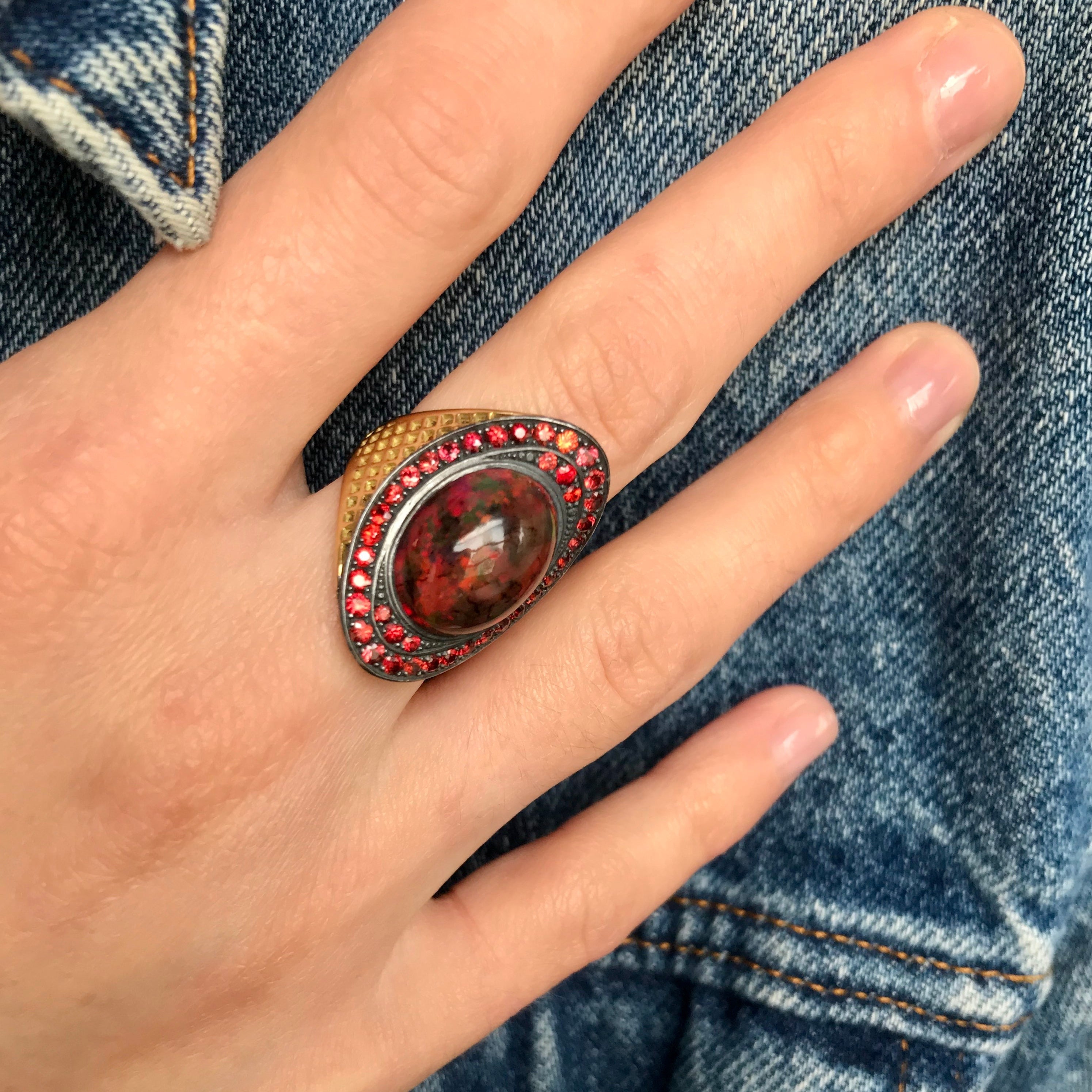 Madagascan Orange Sapphire and Black Opal Regency Ring
