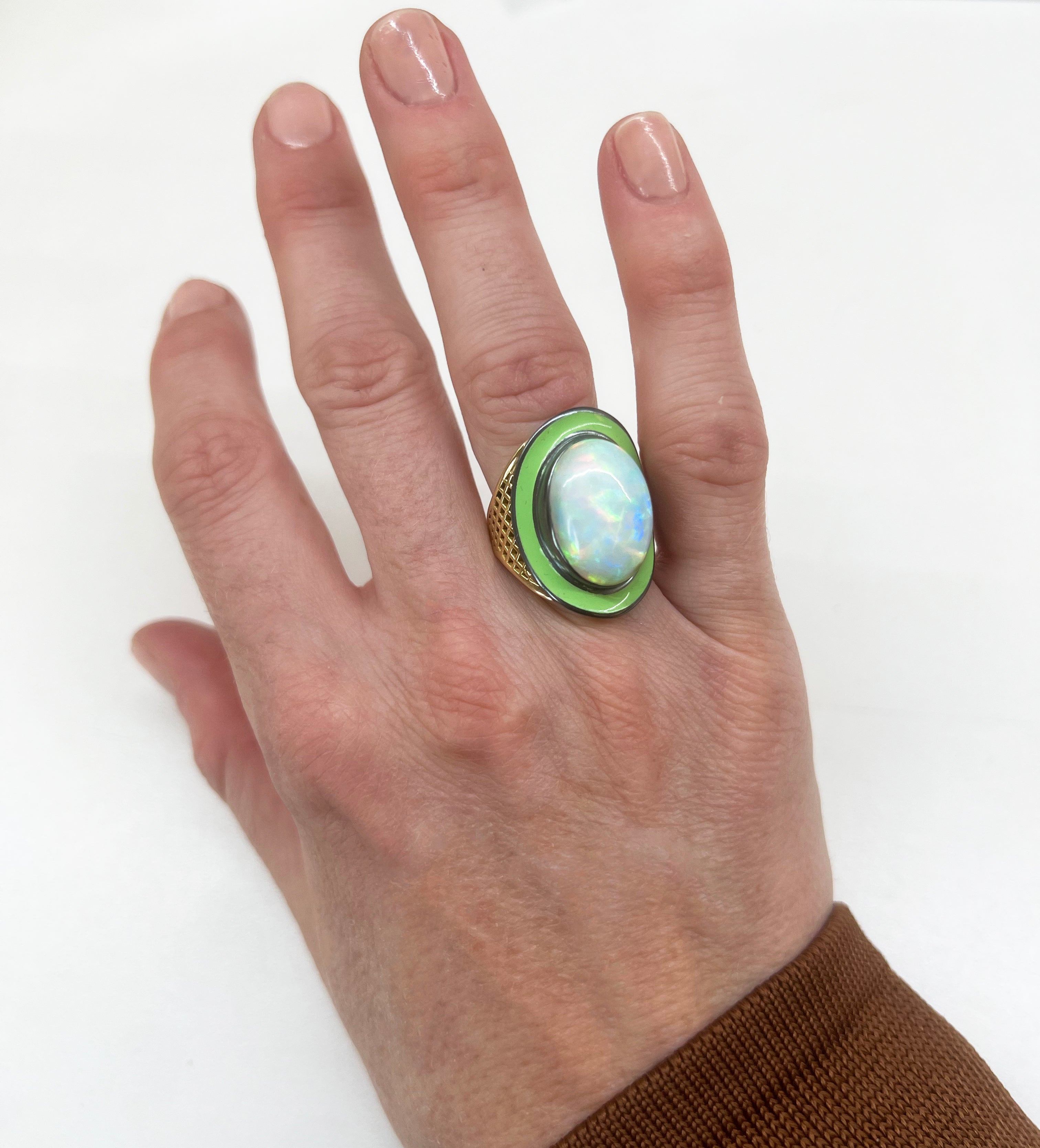 Green Enamel and Opal Regency Ring