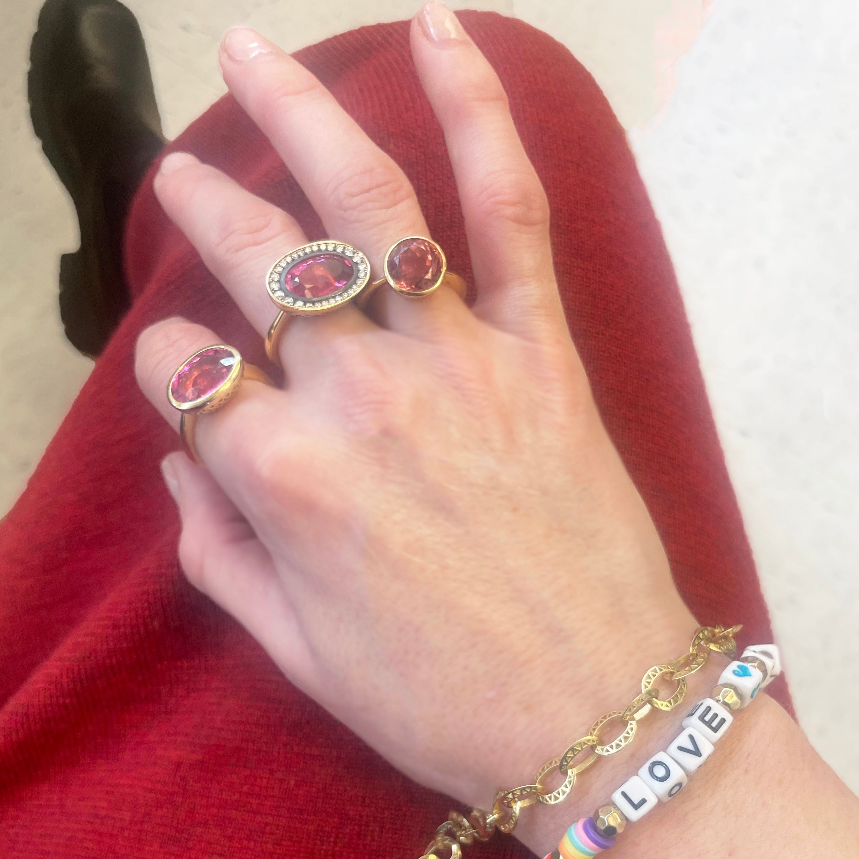 East / West Oval Pink Tourmaline Ring with Graduated Pave Diamonds