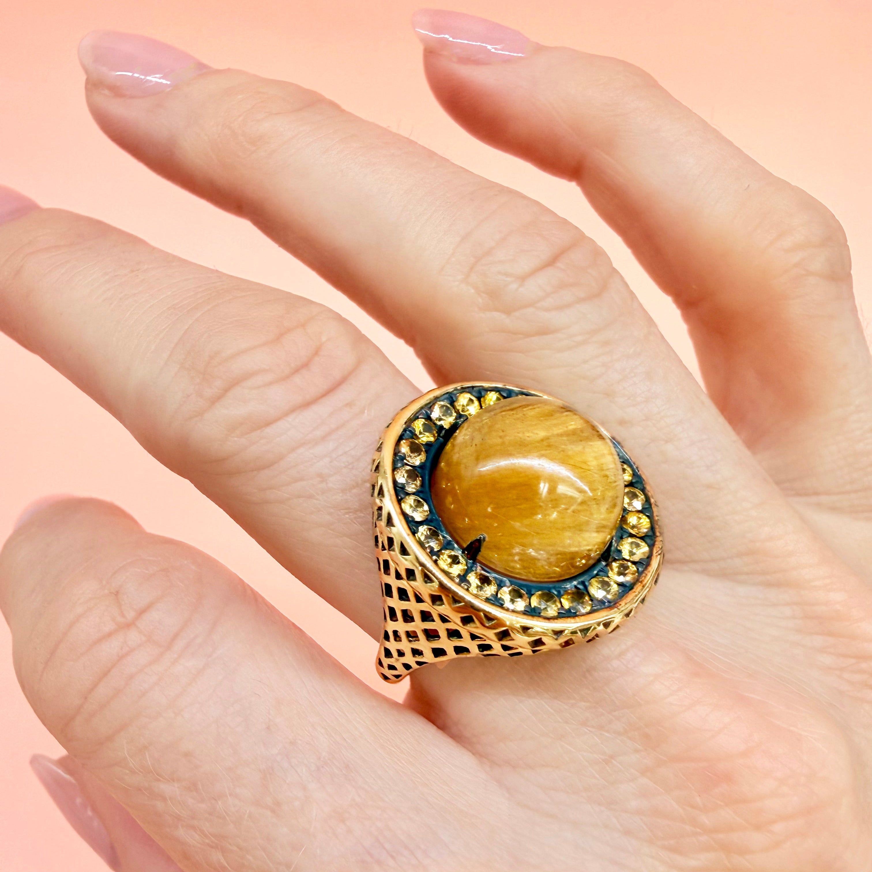 18K Yellow Gold Crownwork® Signet Ring with Rutilated Quartz and Yellow Sapphires