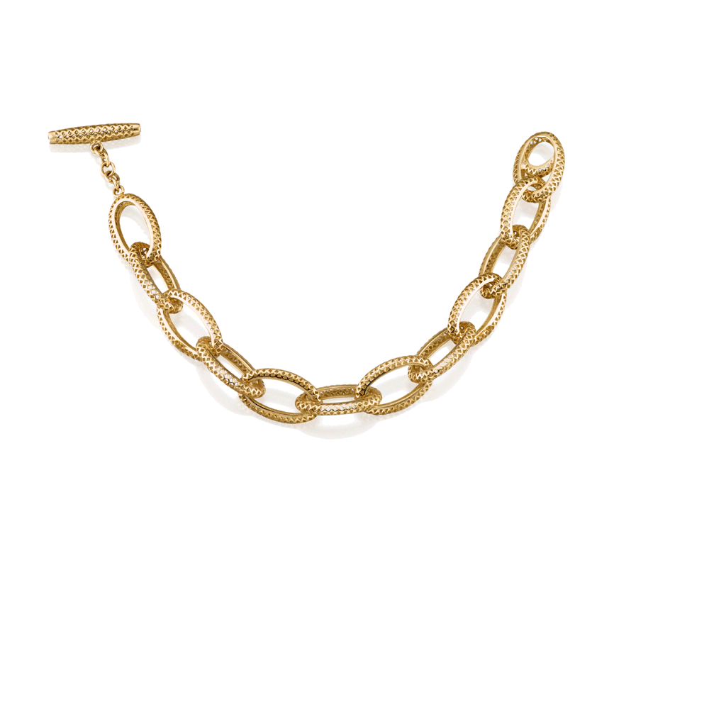 18K yellow gold textured oval-link bracelet with diamond set toggle clasp, shown with opal, white pearl, grey pearl and blue topaz drop charms.