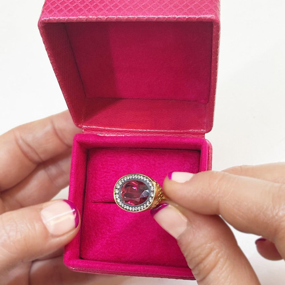 East / West Oval Pink Tourmaline Ring with Graduated Pave Diamonds