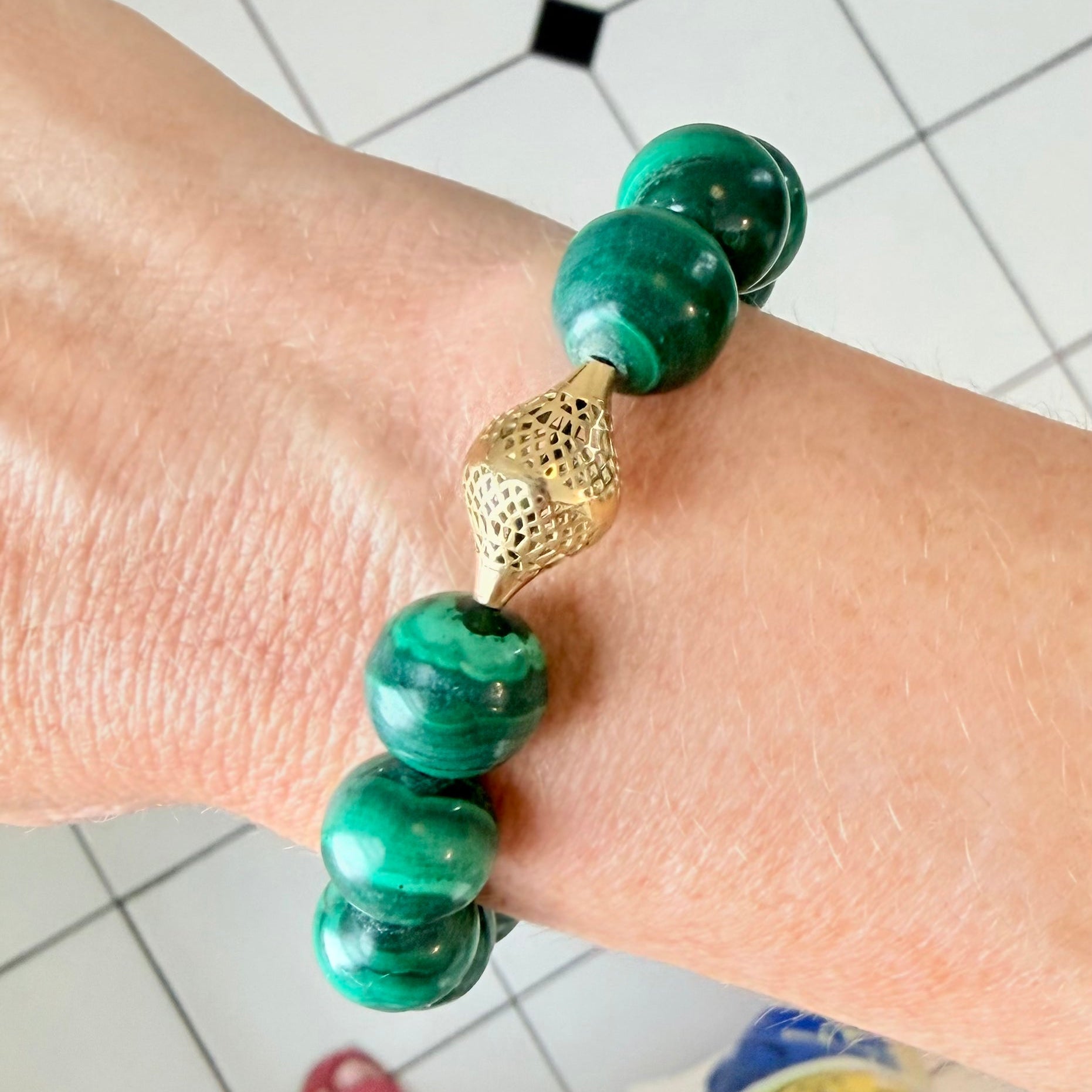 Malachite Crownwork® Beaded Stretch Bracelet 18K Gold