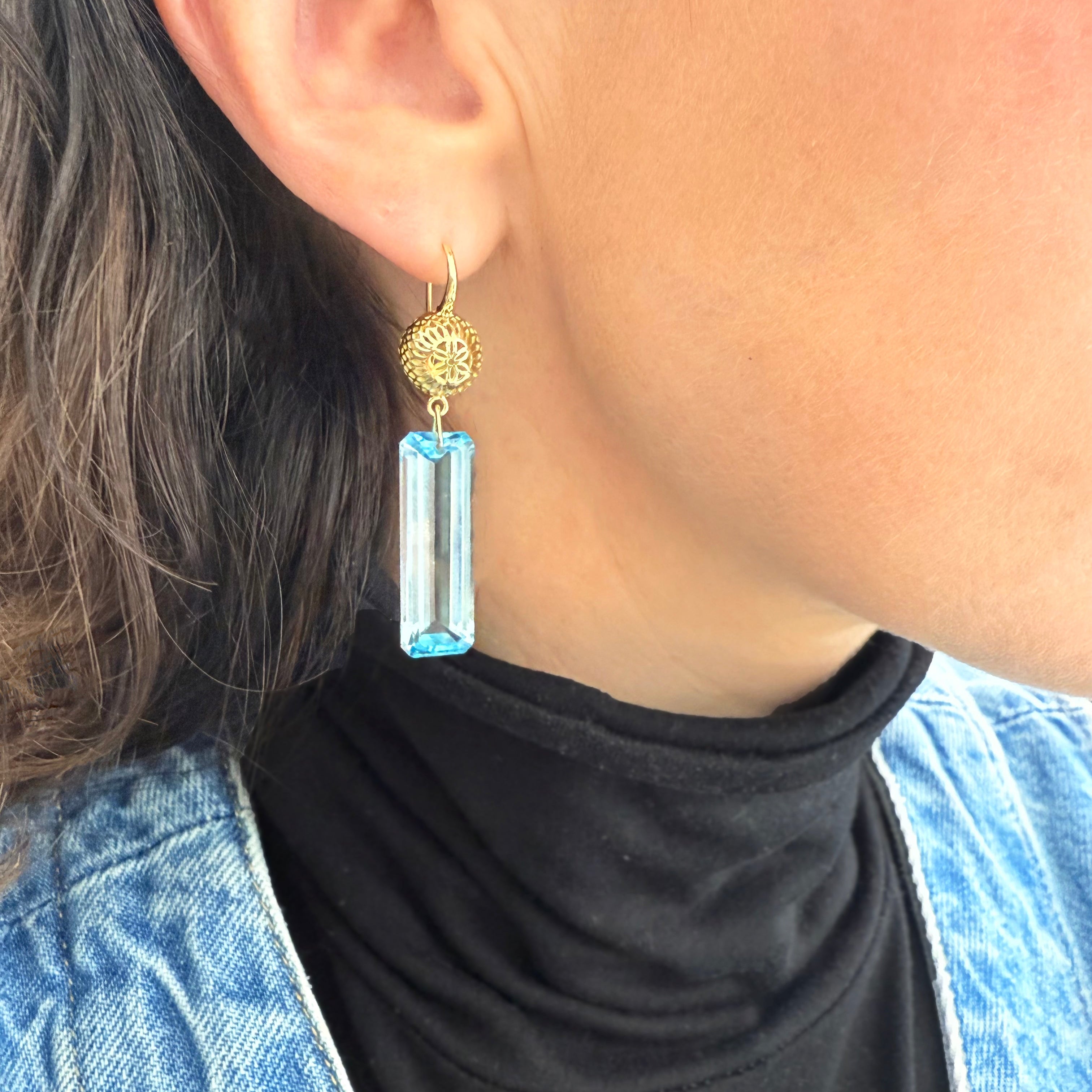 18K Yellow Gold Crownwork® Ball Top Earrings with Blue Topaz Drops