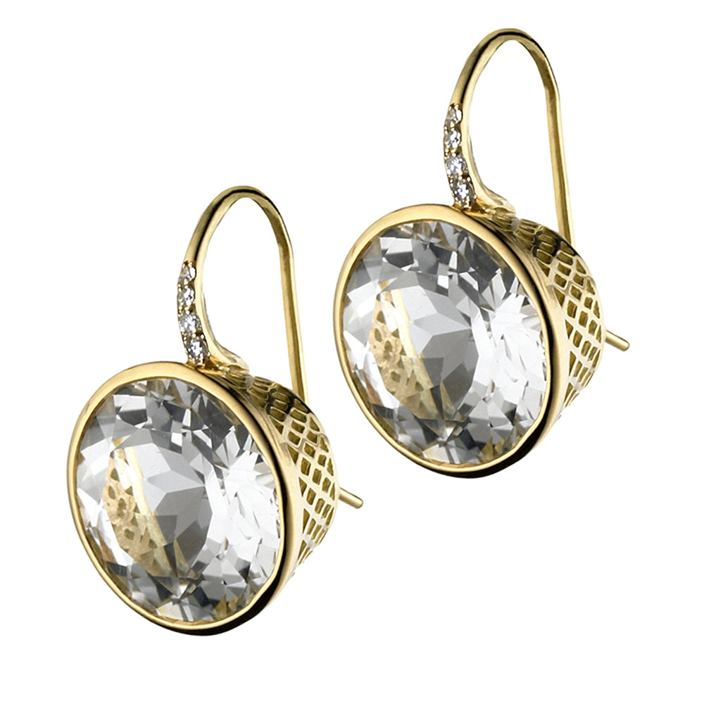 Medium Round White Topaz Crownwork® Earrings with Diamond Hooks