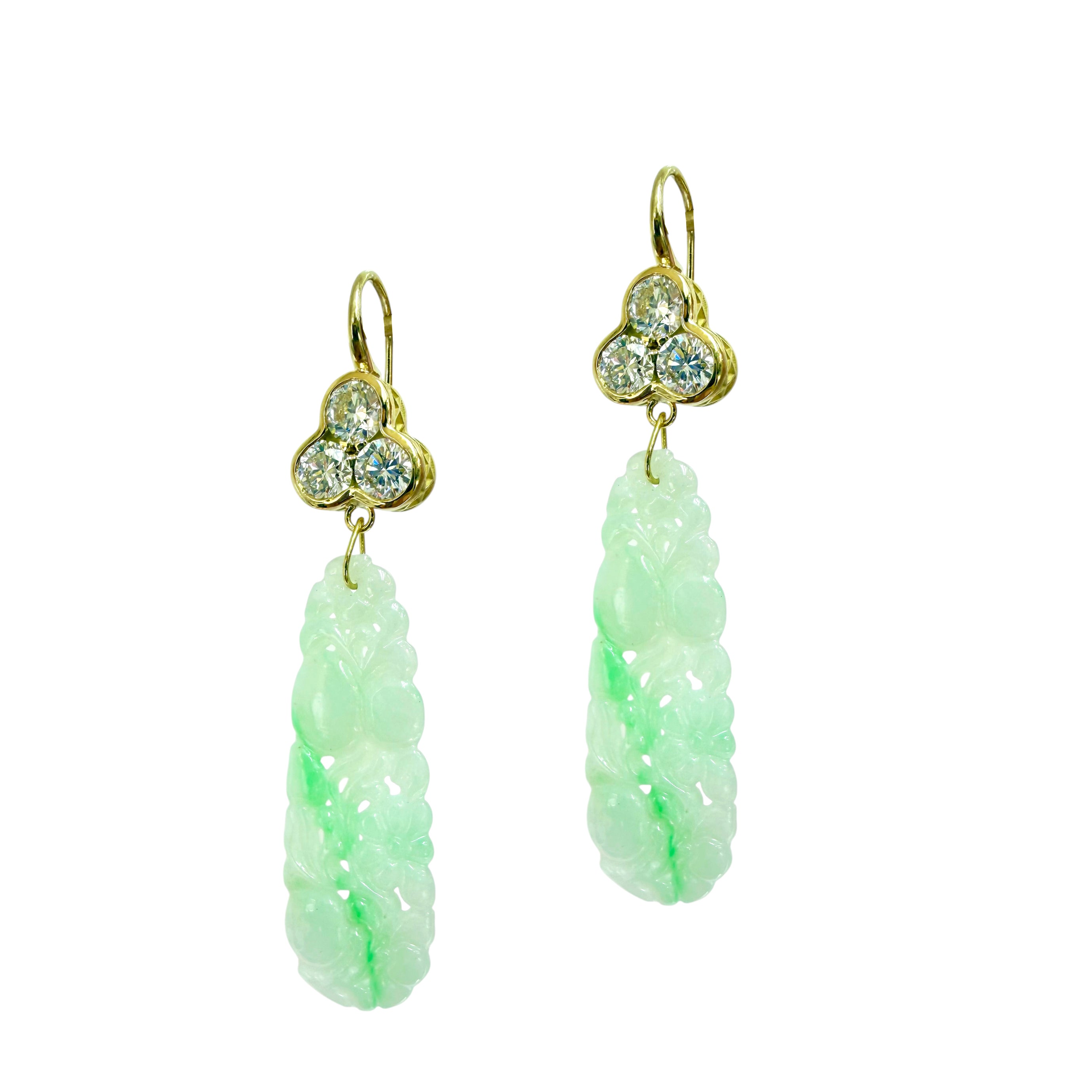 Carved Jade & Triple Diamond Crownwork® Drop Earrings 18K Gold