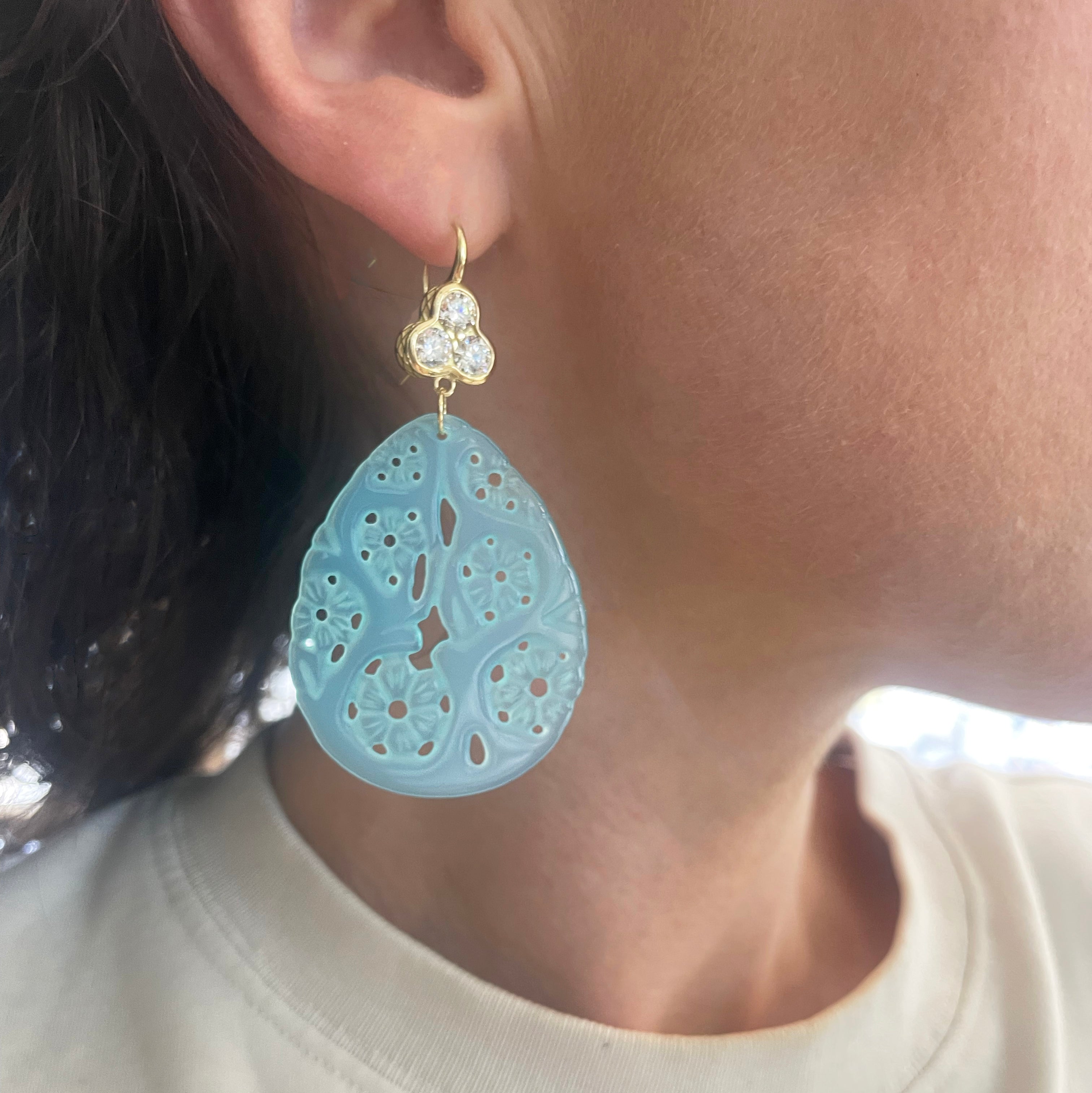 Carved Laguna Agate Earrings with Diamond Trio Tops