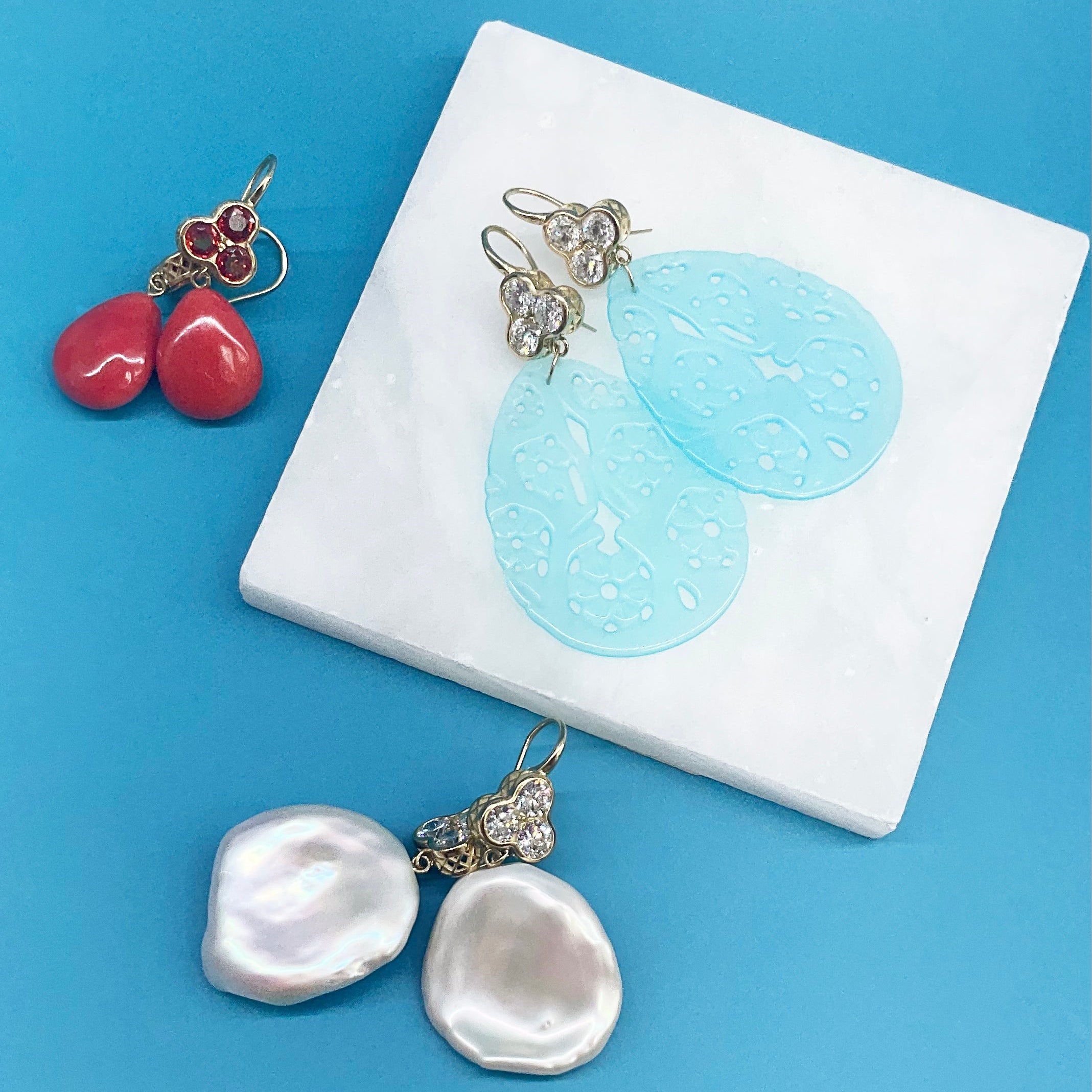 Carved Laguna Agate Earrings with Diamond Trio Tops