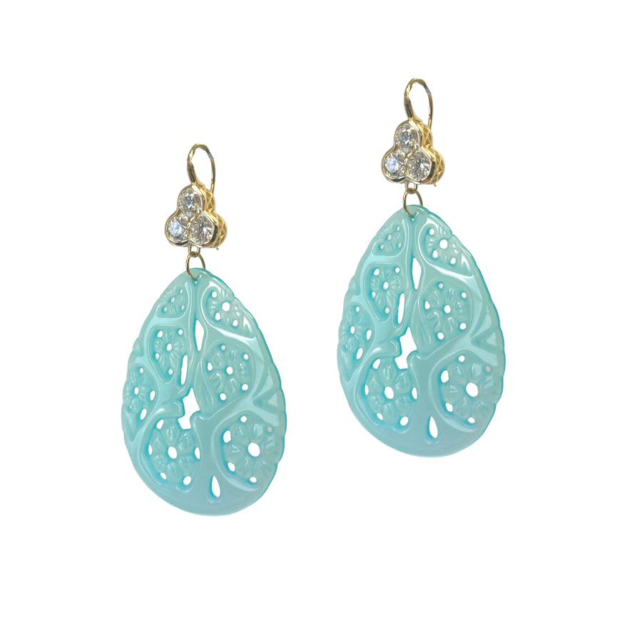Carved Laguna Agate Earrings with Diamond Trio Tops
