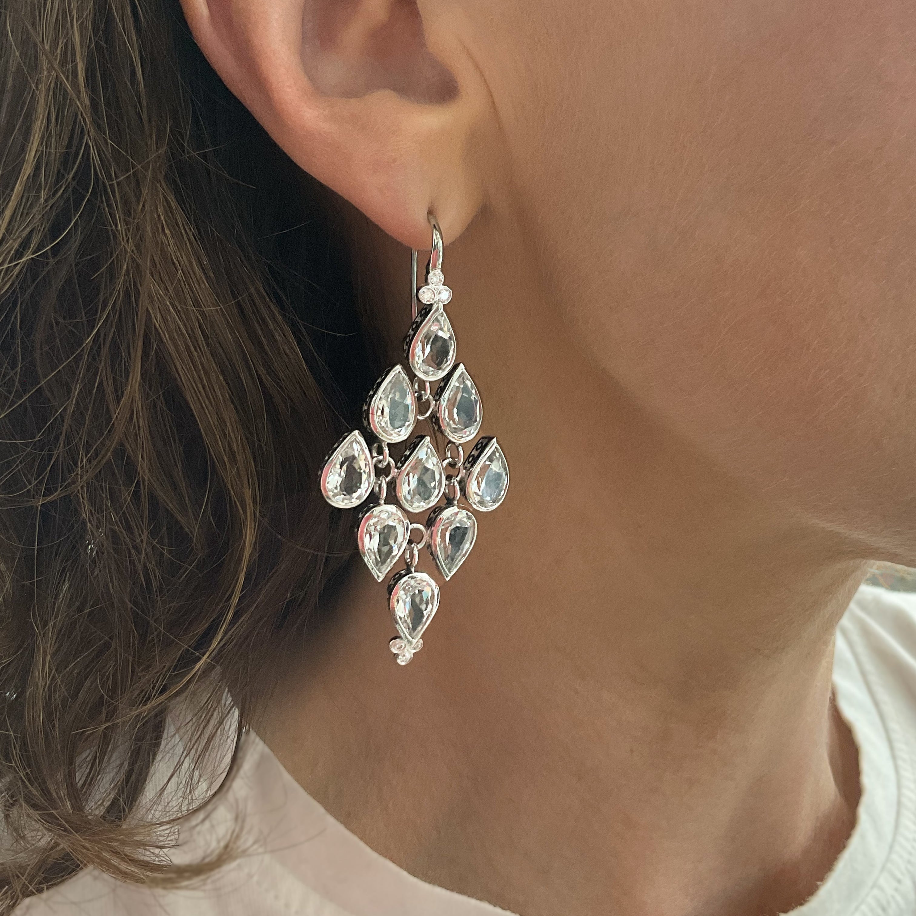 Palladium White Gold, White Topaz Chandelier Earrings with Diamond Hooks