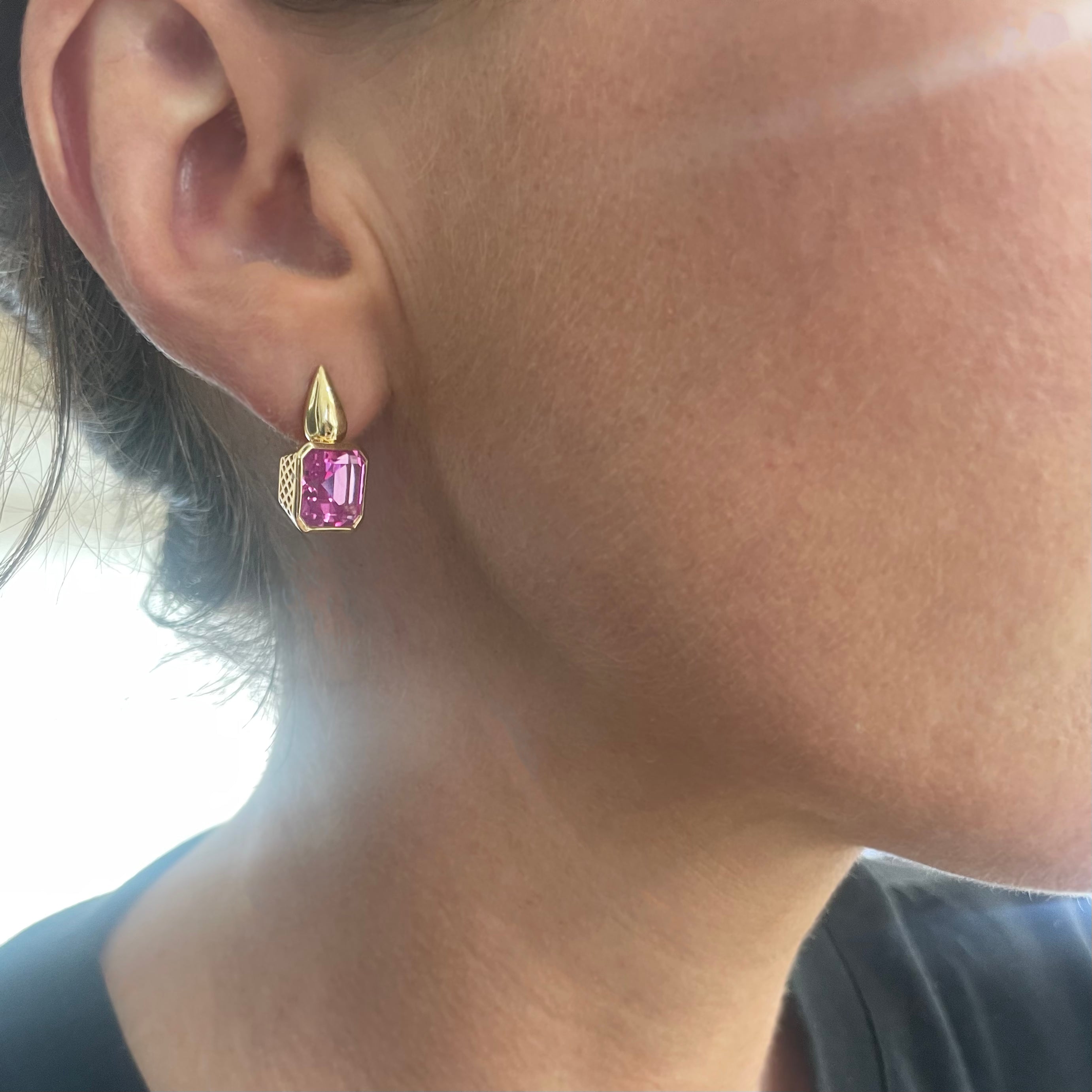 18K Yellow Gold Crownwork® 9mm Emerald Cut Pink Topaz Earrings on Teardrop Post
