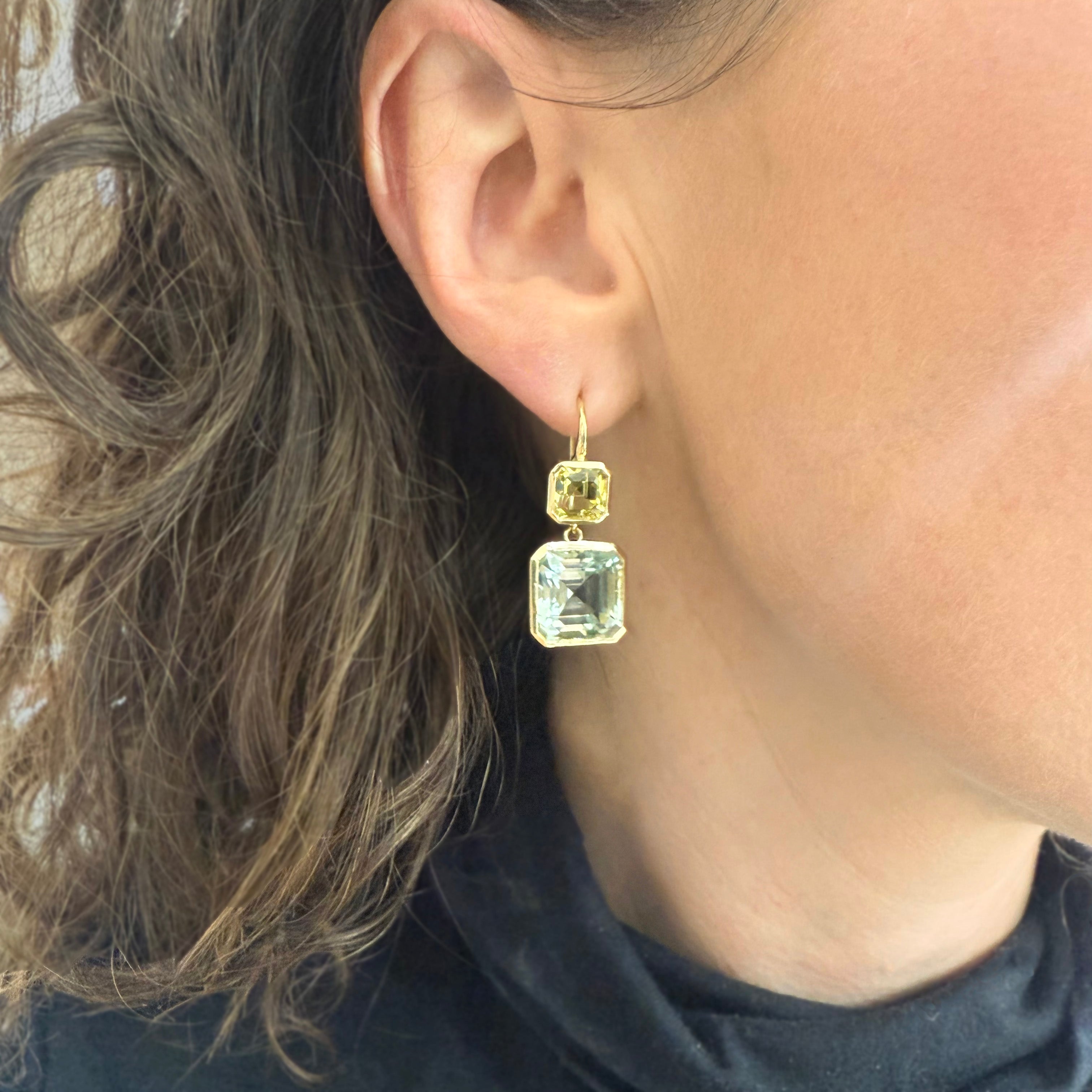 Green Citrine and Green Amethyst Square Drop Earrings