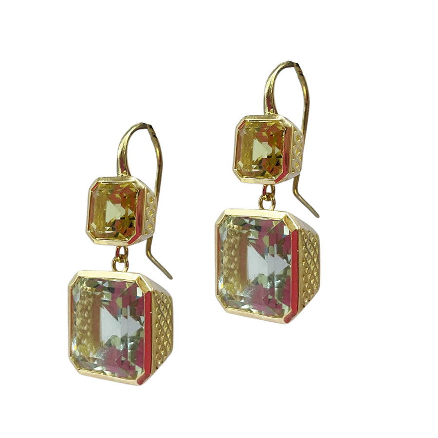 Green Citrine and Green Amethyst Square Drop Earrings