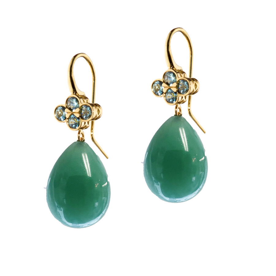 Chalcedony Earrings with Green Sapphire Clover Tops