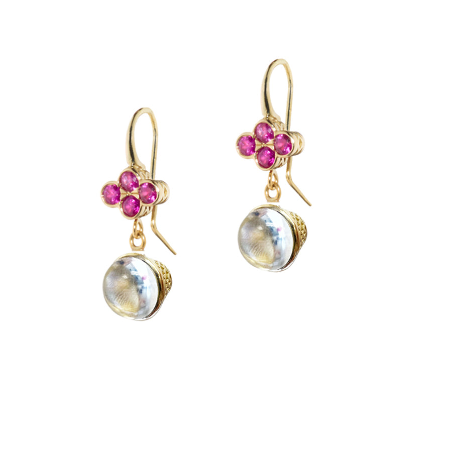 Moonstone Earrings with Pink Sapphire Clover Tops