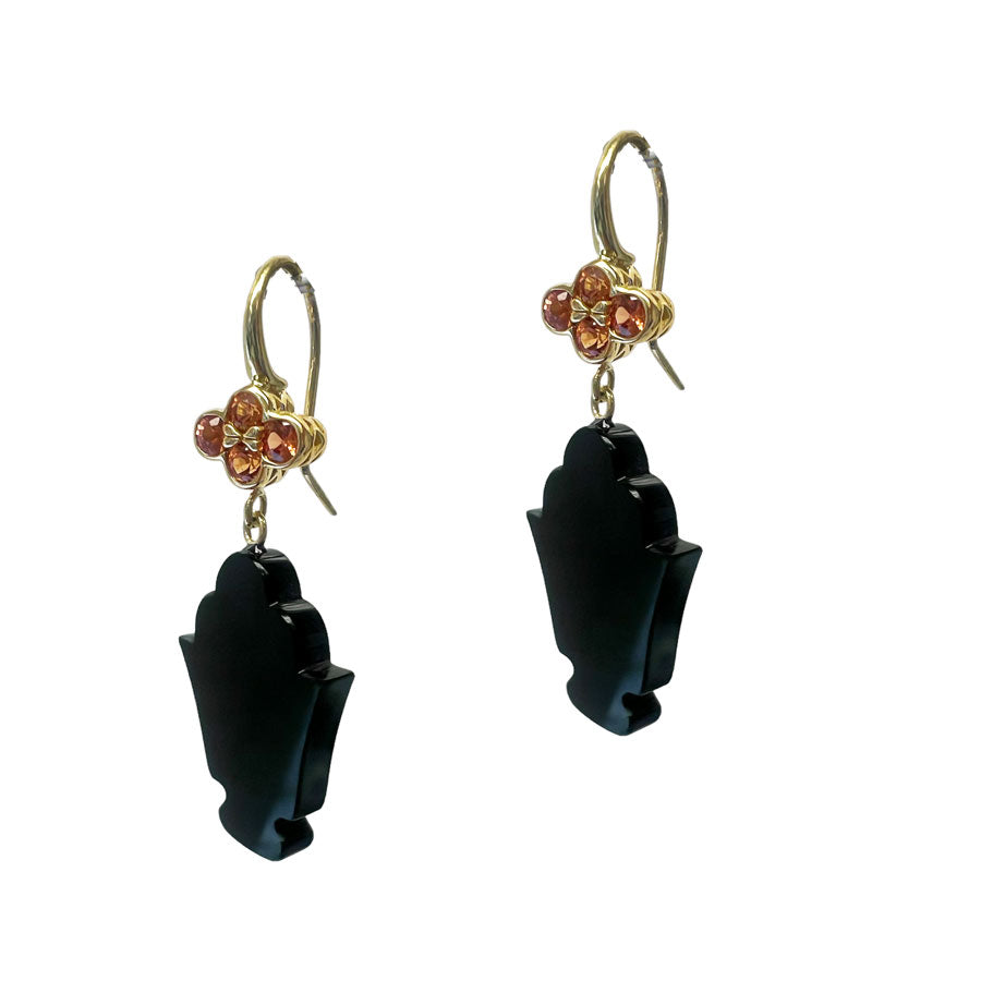 Black Onyx Urn Earrings with Orange Sapphire Clover Tops