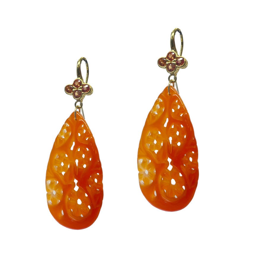 Carved Carnelian Earrings with Orange Sapphire Clover Tops