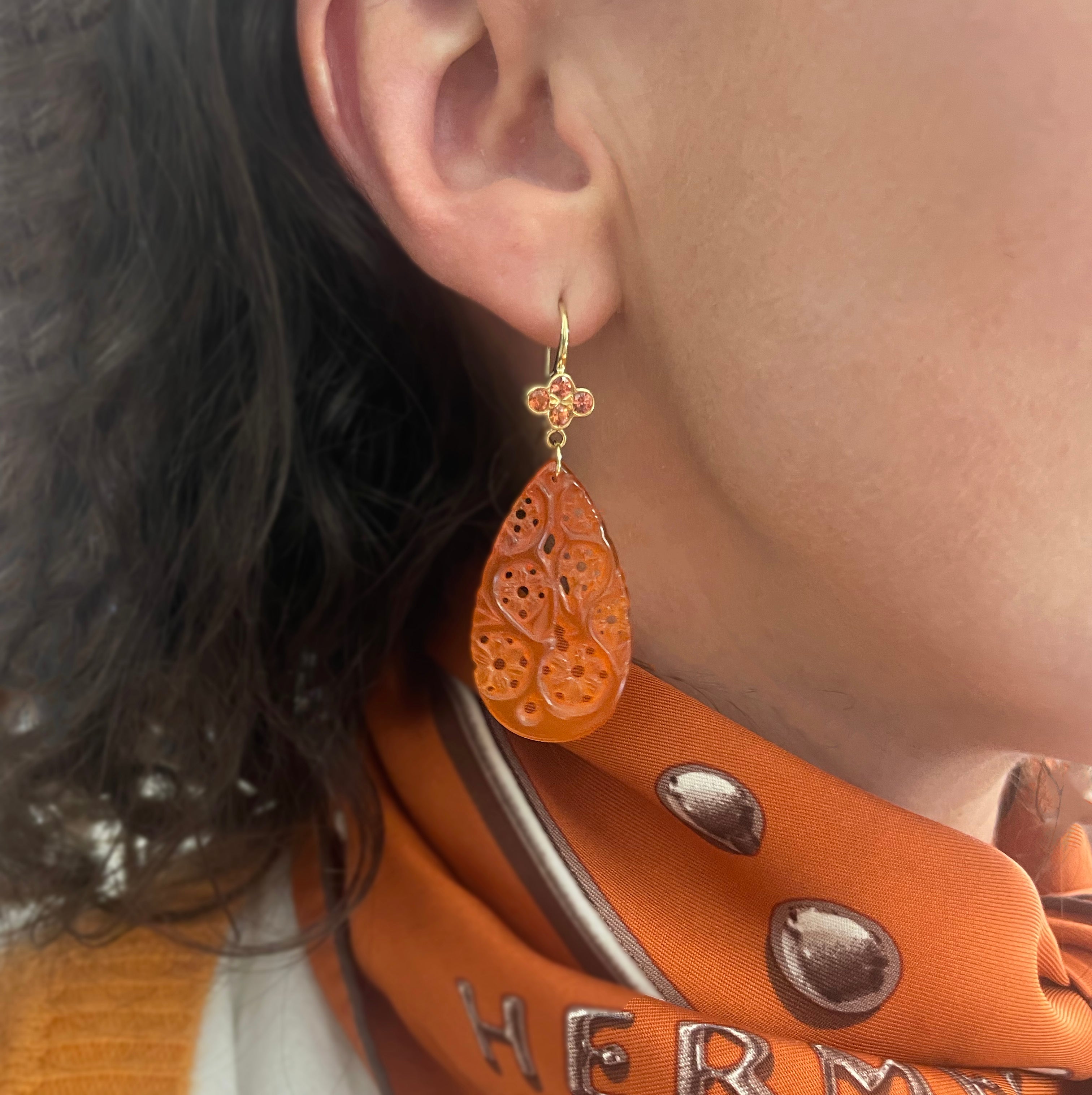 Carved Carnelian Earrings with Orange Sapphire Clover Tops