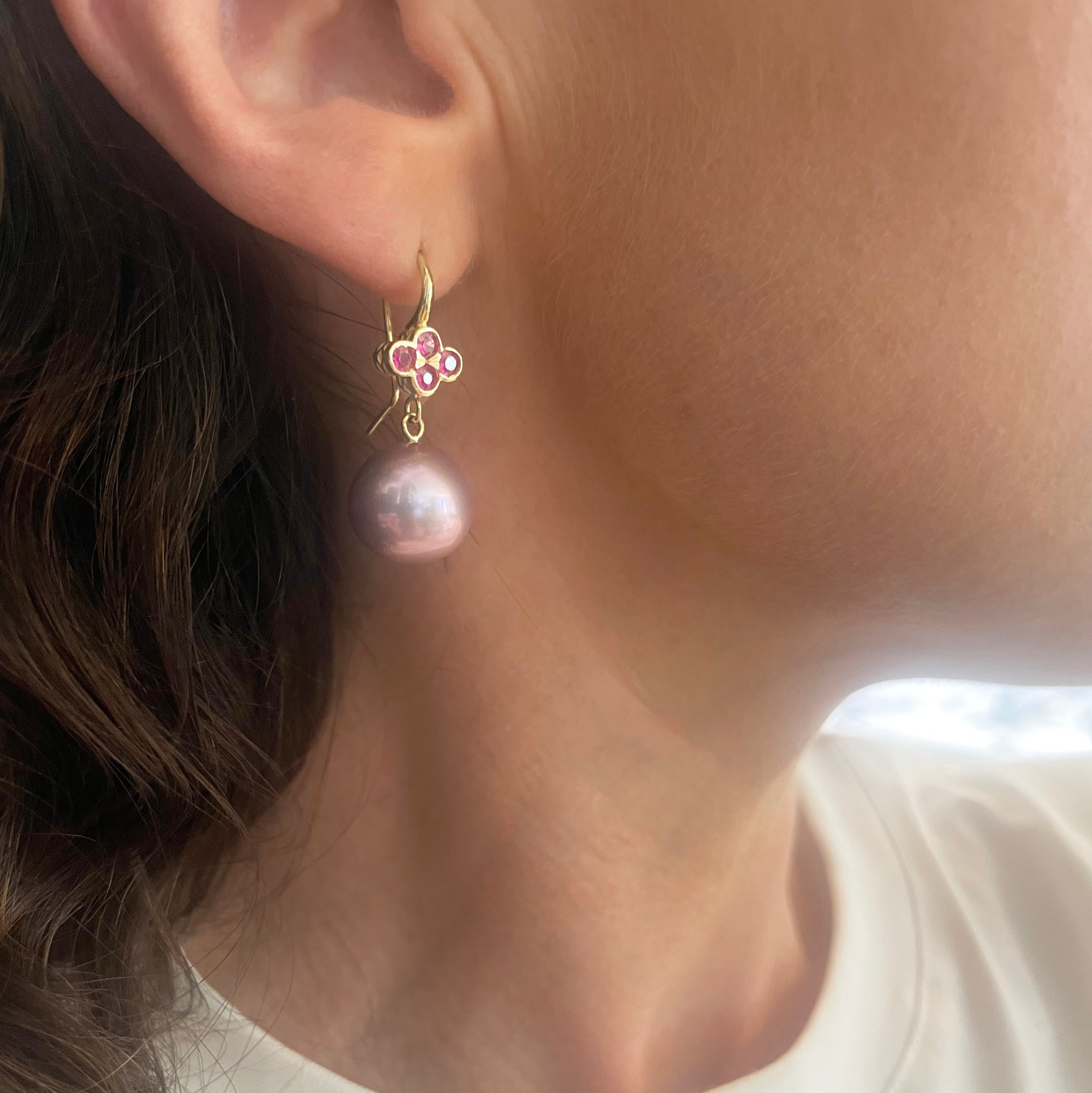 Pink Freshwater Pearl Earrings with Pink Sapphire Clover Tops