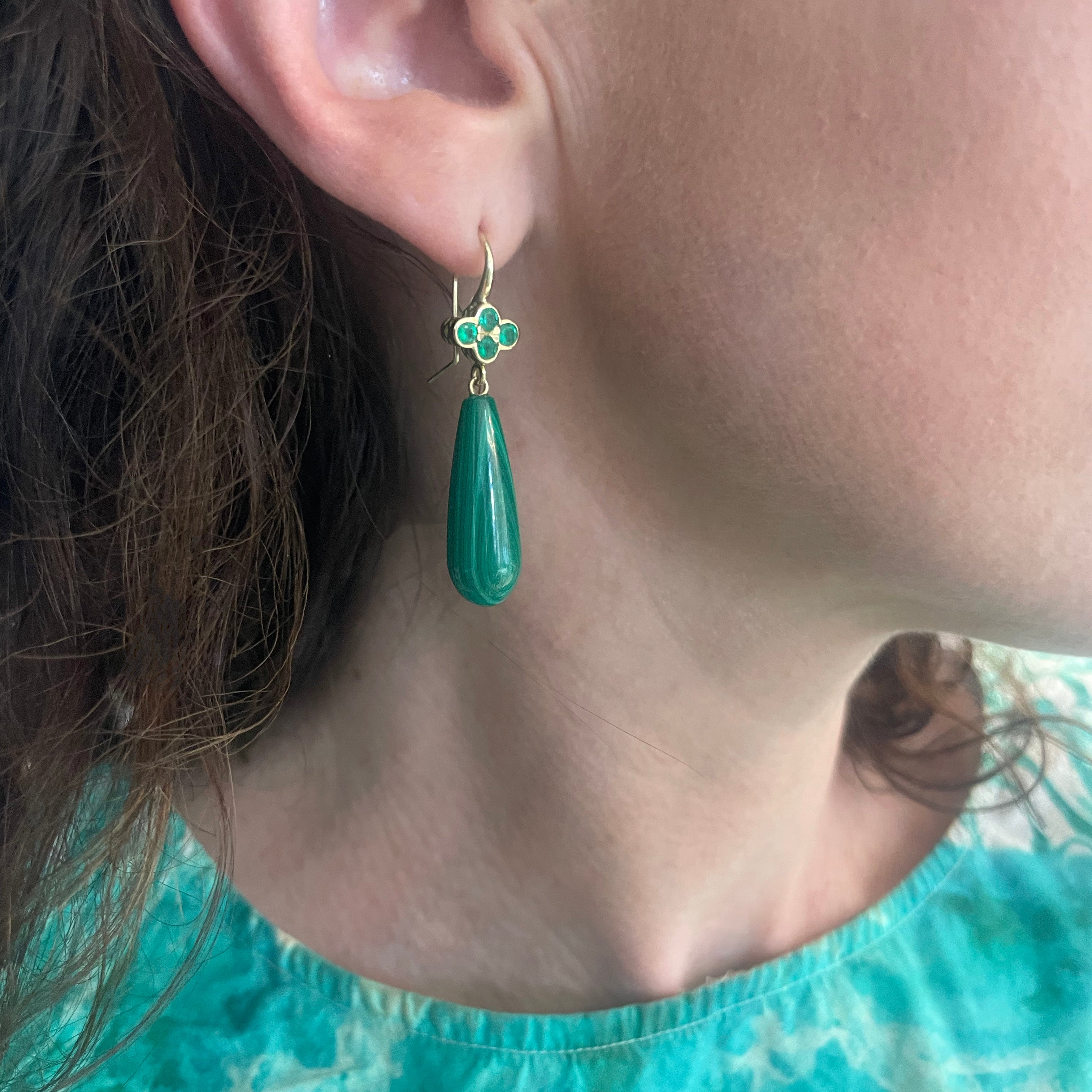Emerald Clover Top Earrings with Malachite drops