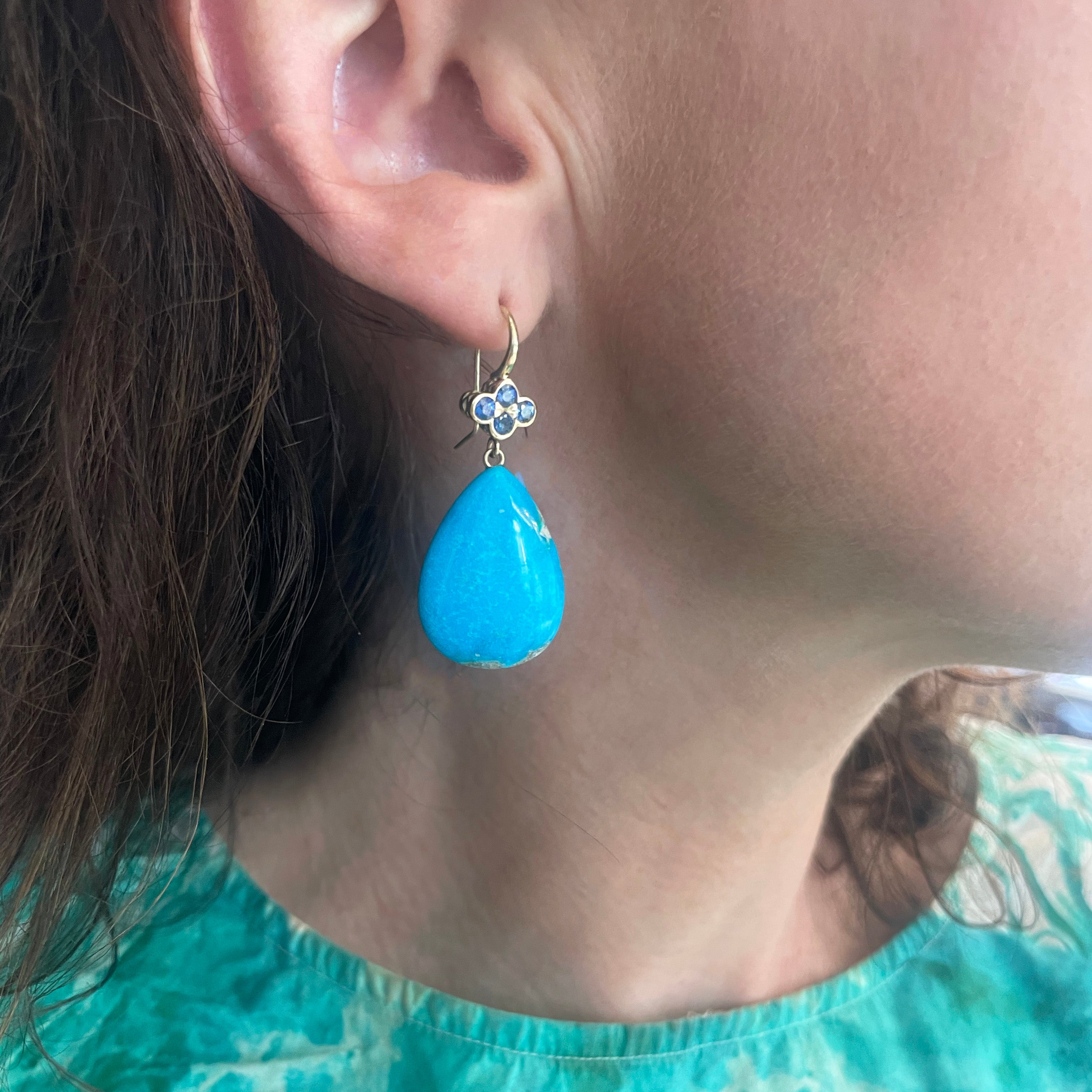 Blue Sapphire Clover Top Earrings with Kingman Turquoise drops