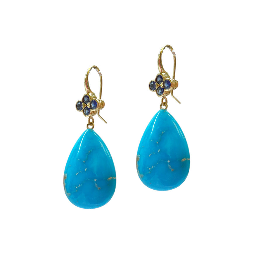 Blue Sapphire Clover Top Earrings with Kingman Turquoise drops