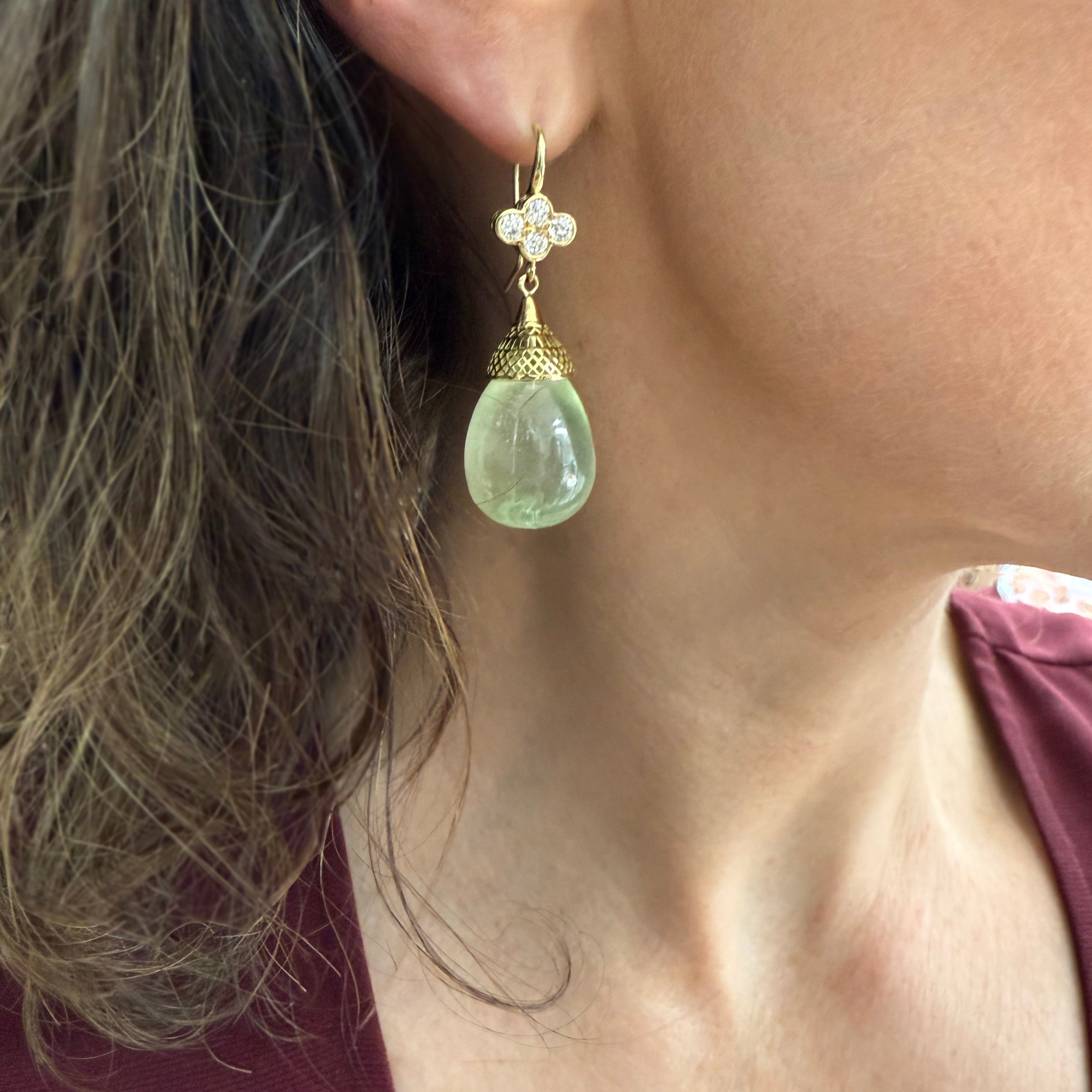 Fluorite Drop Earrings with Diamond Clover Tops