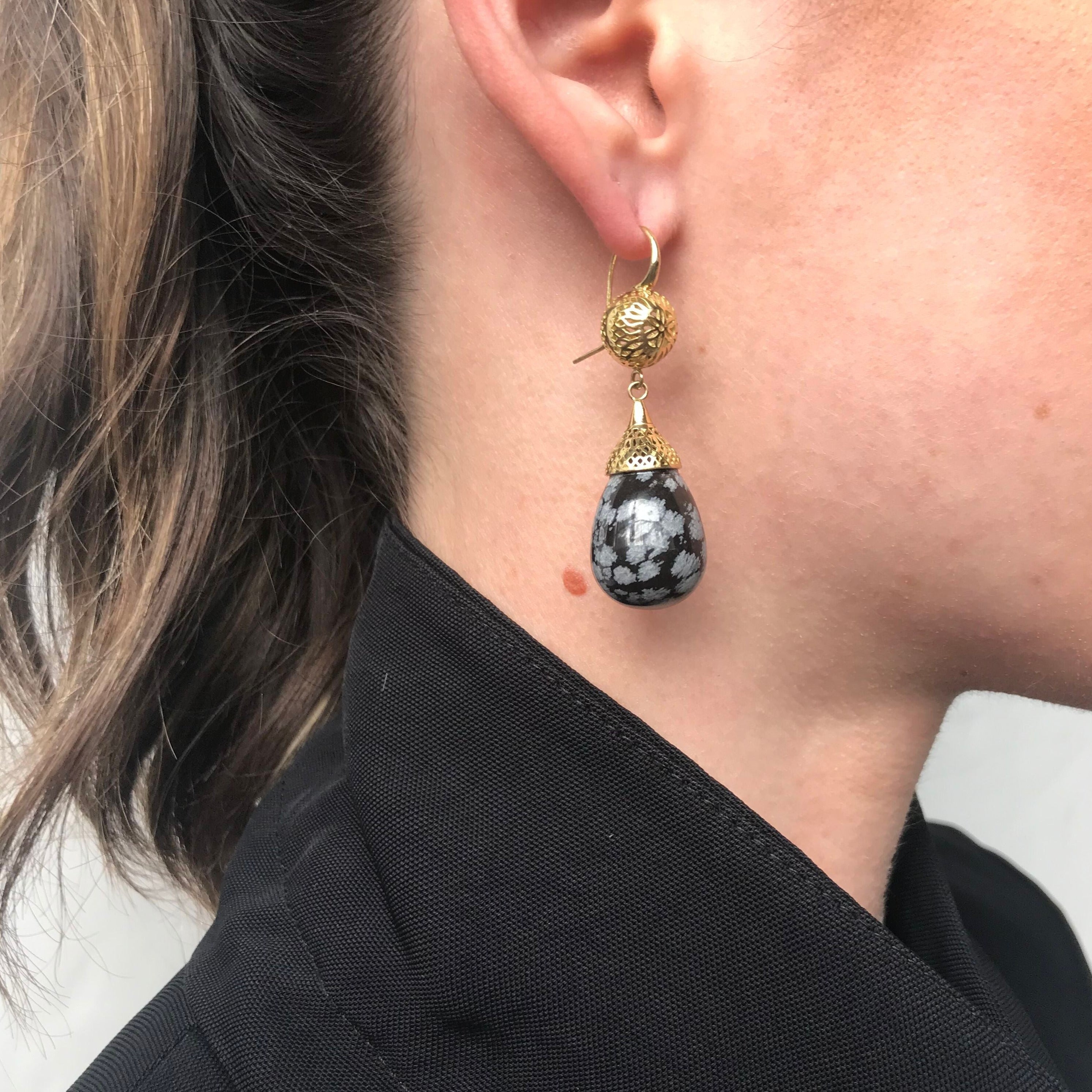 Mexican Snowflake Obsidian Drop Earrings