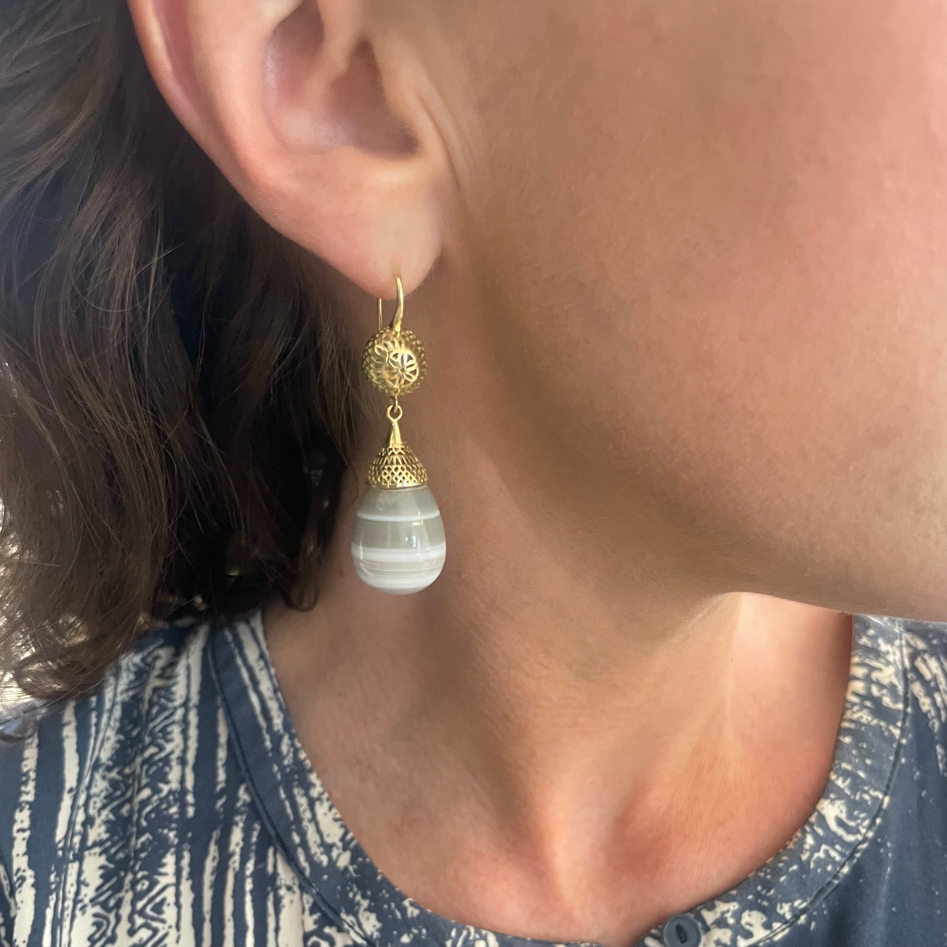 Crownwork® Ball Earrings with Banded Agate Drops