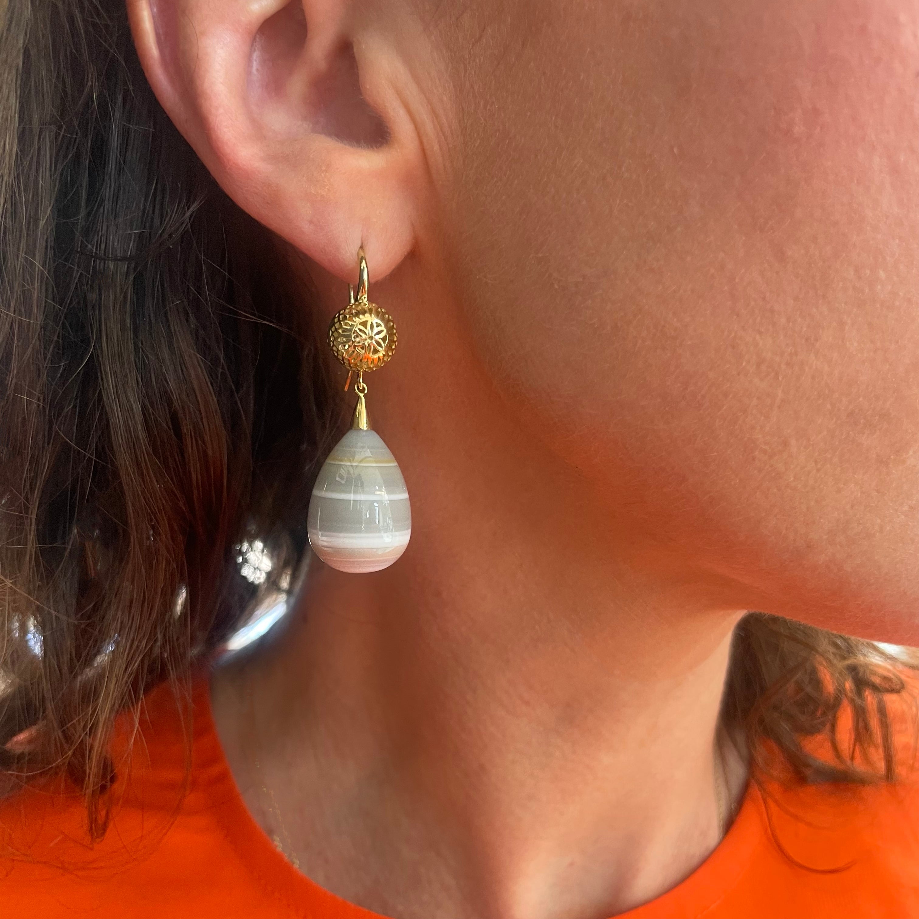 Crownwork Ball and Banded Agate Drop Earrings