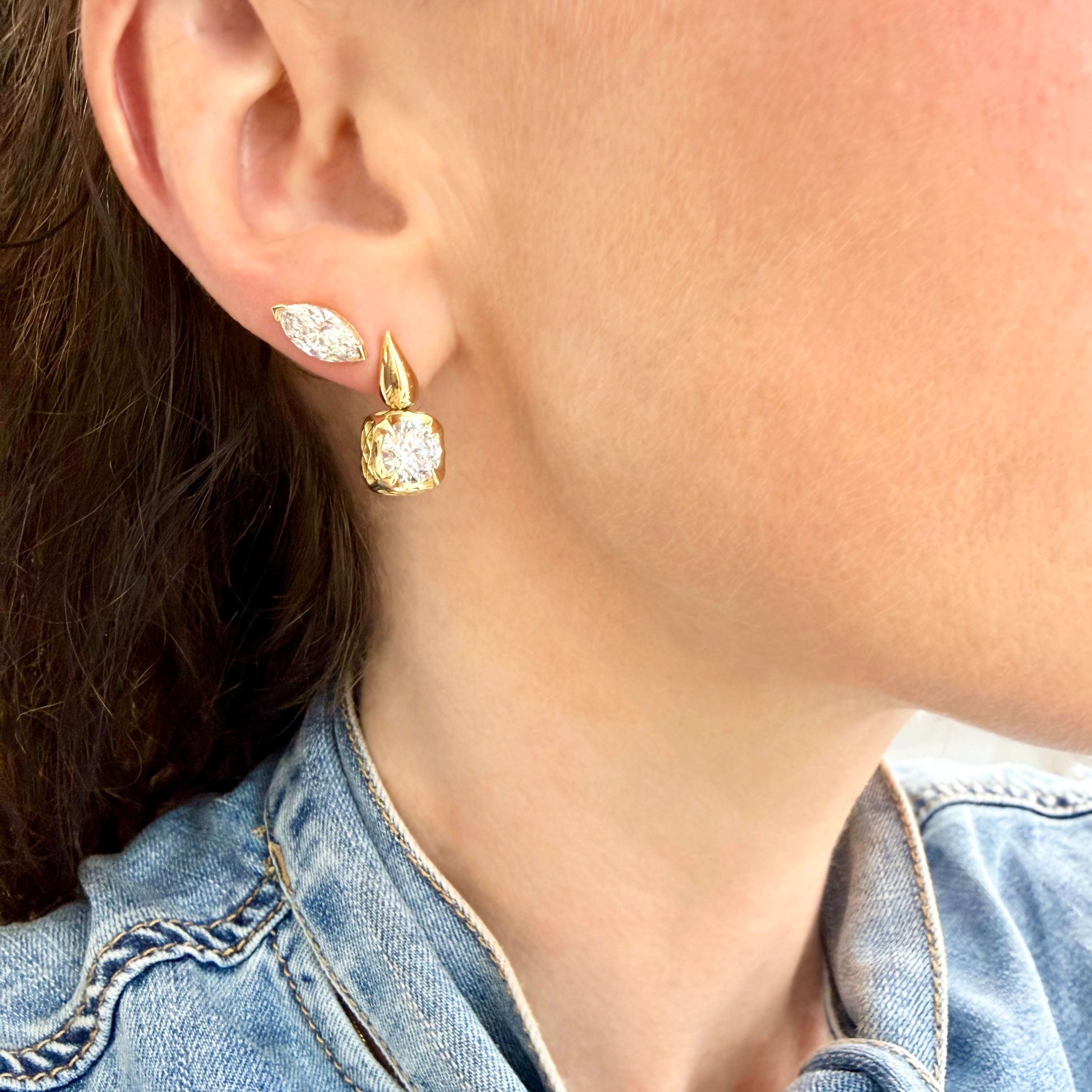 18K Yellow Gold Crownwork® Round Diamond Drop Earrings