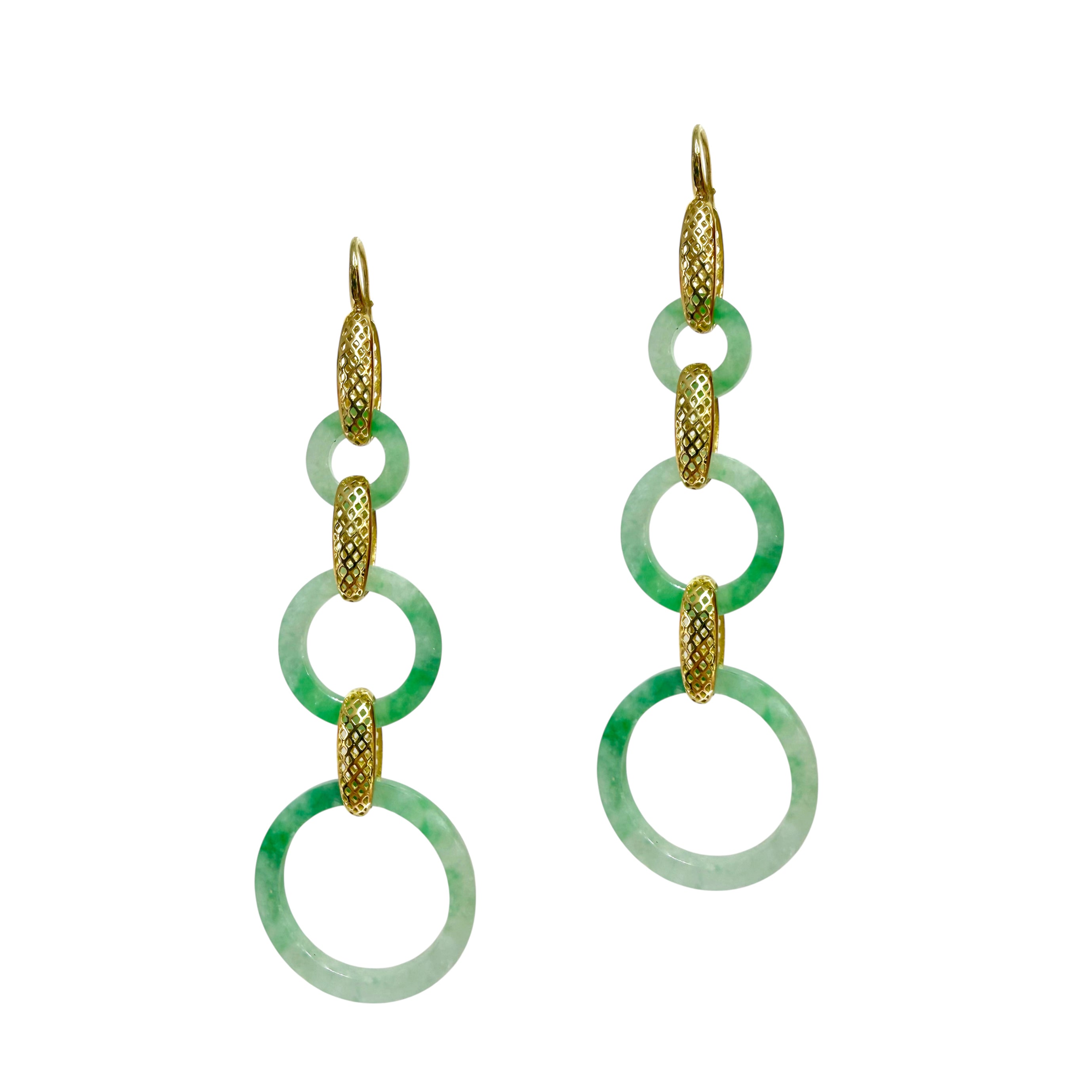 18K Yellow Gold Crownwork® Triple Link Earrings with Carved Jade Circles