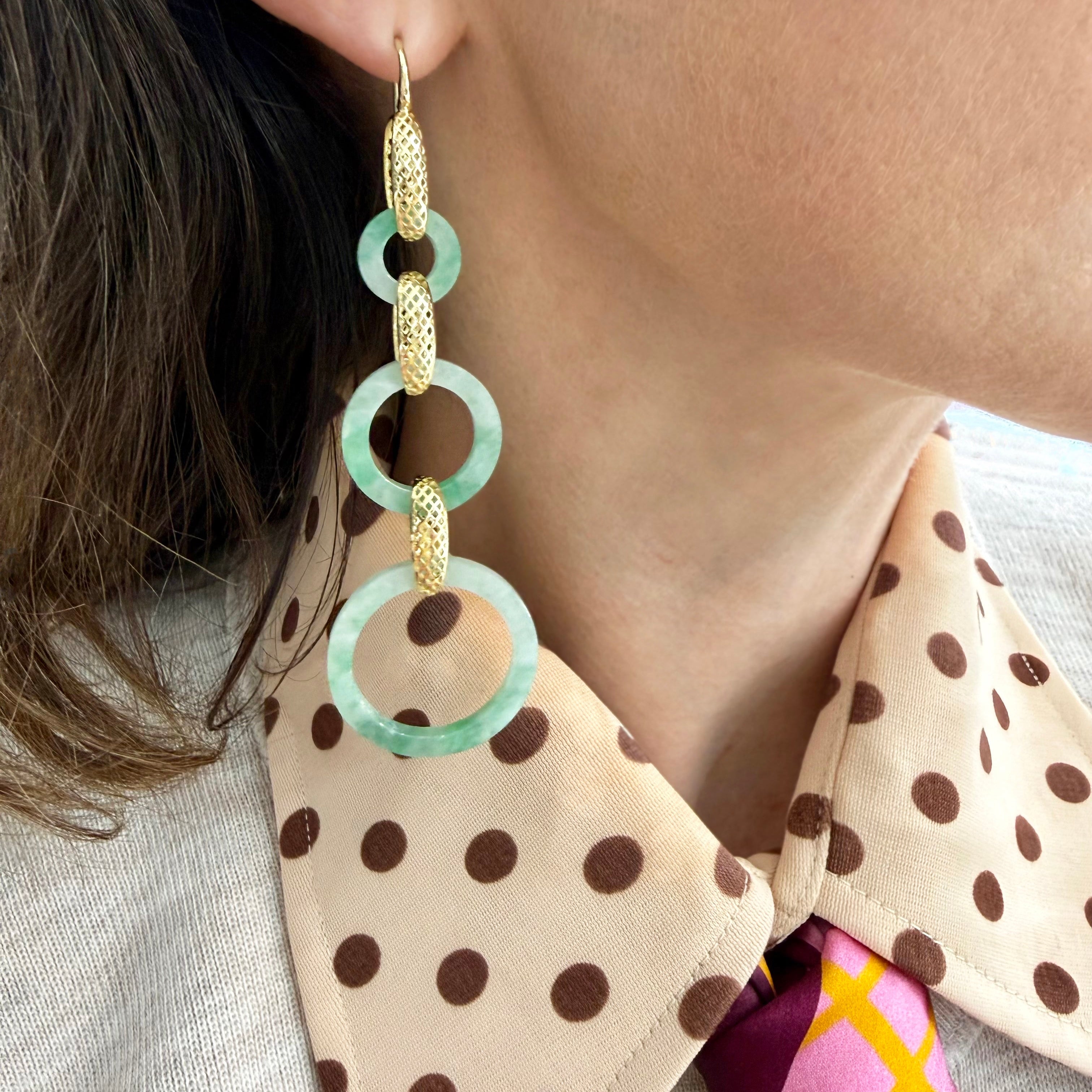 18K Yellow Gold Crownwork® Triple Link Earrings with Carved Jade Circles