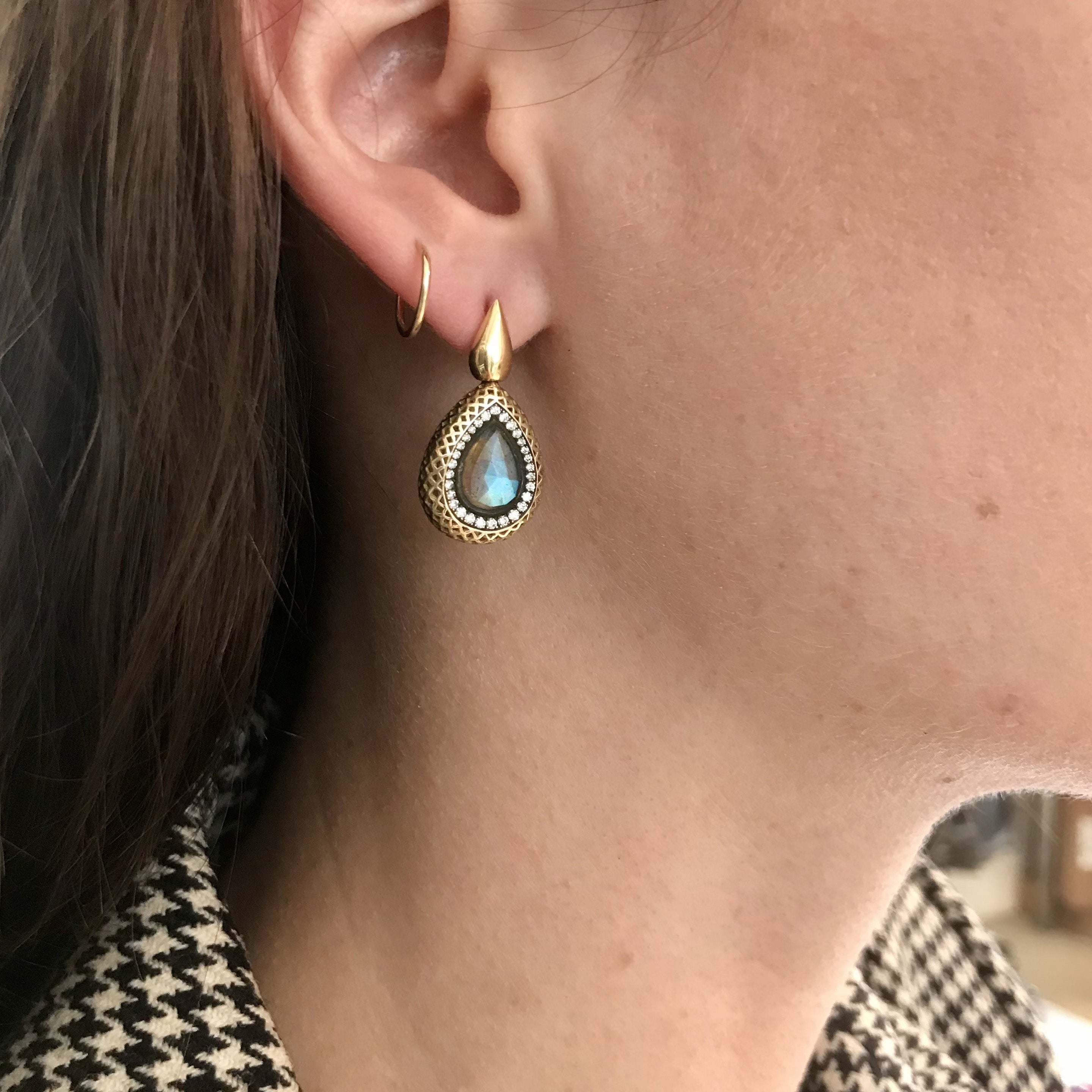 Labradorite Pear Shaped Earrings with Pave Diamond
