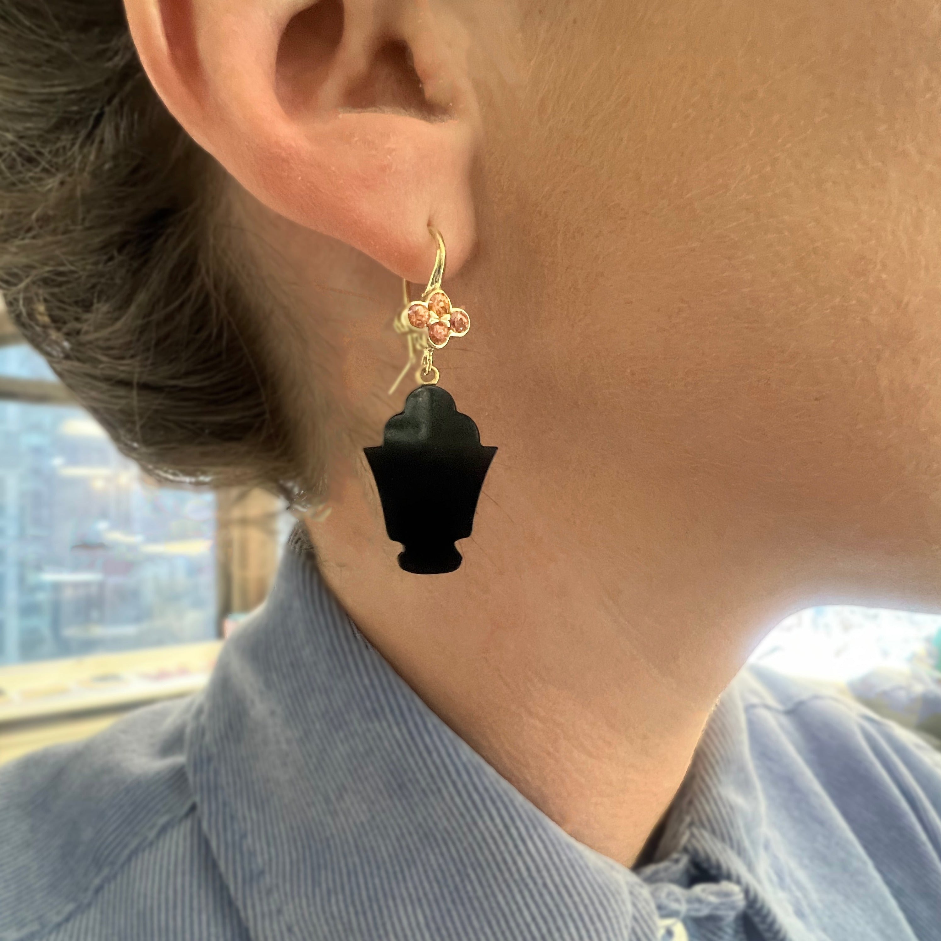 Black Onyx Urn Earrings with Orange Sapphire Clover Tops