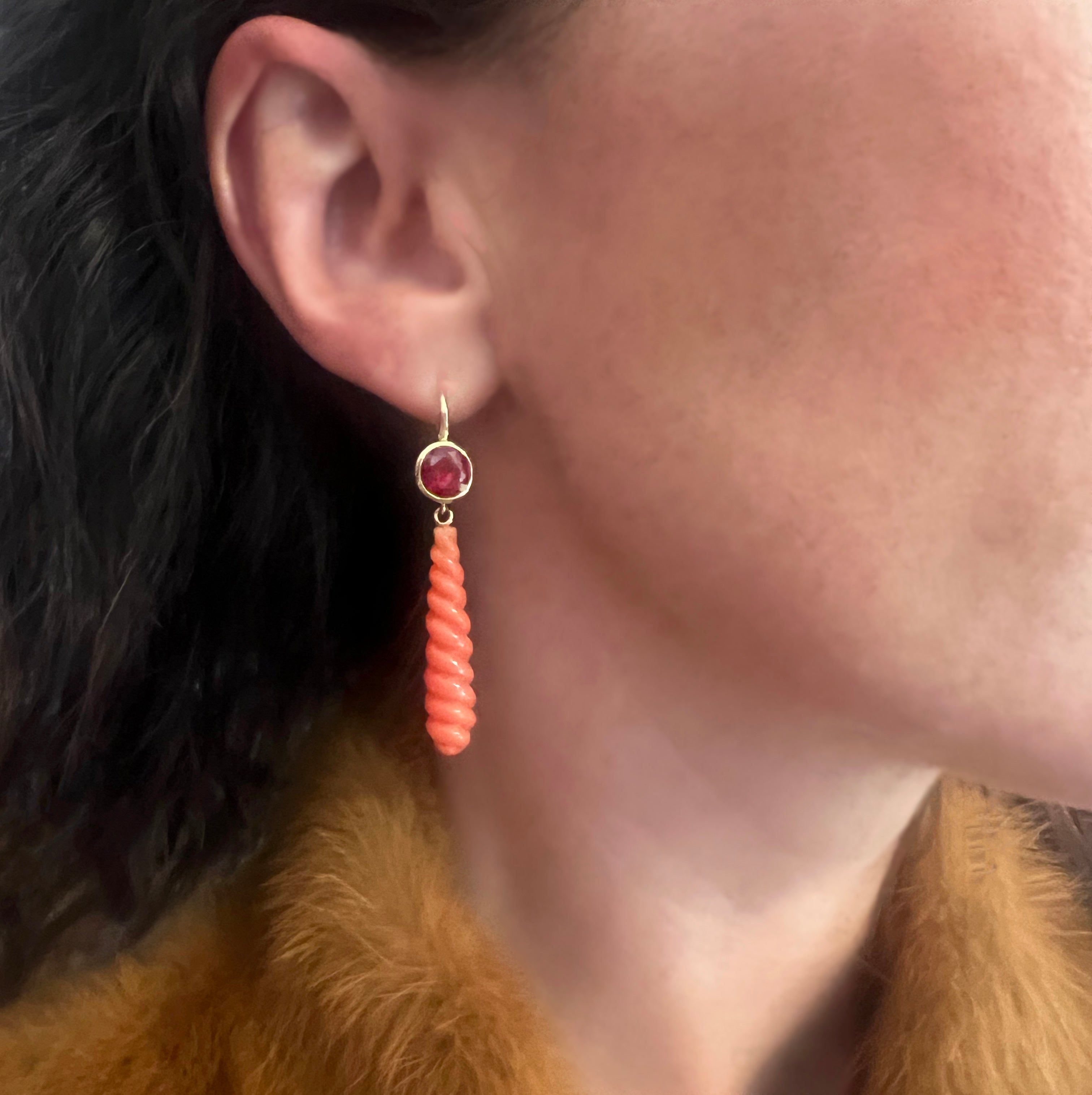 Garnet and Swirl Coral Drop Earrings