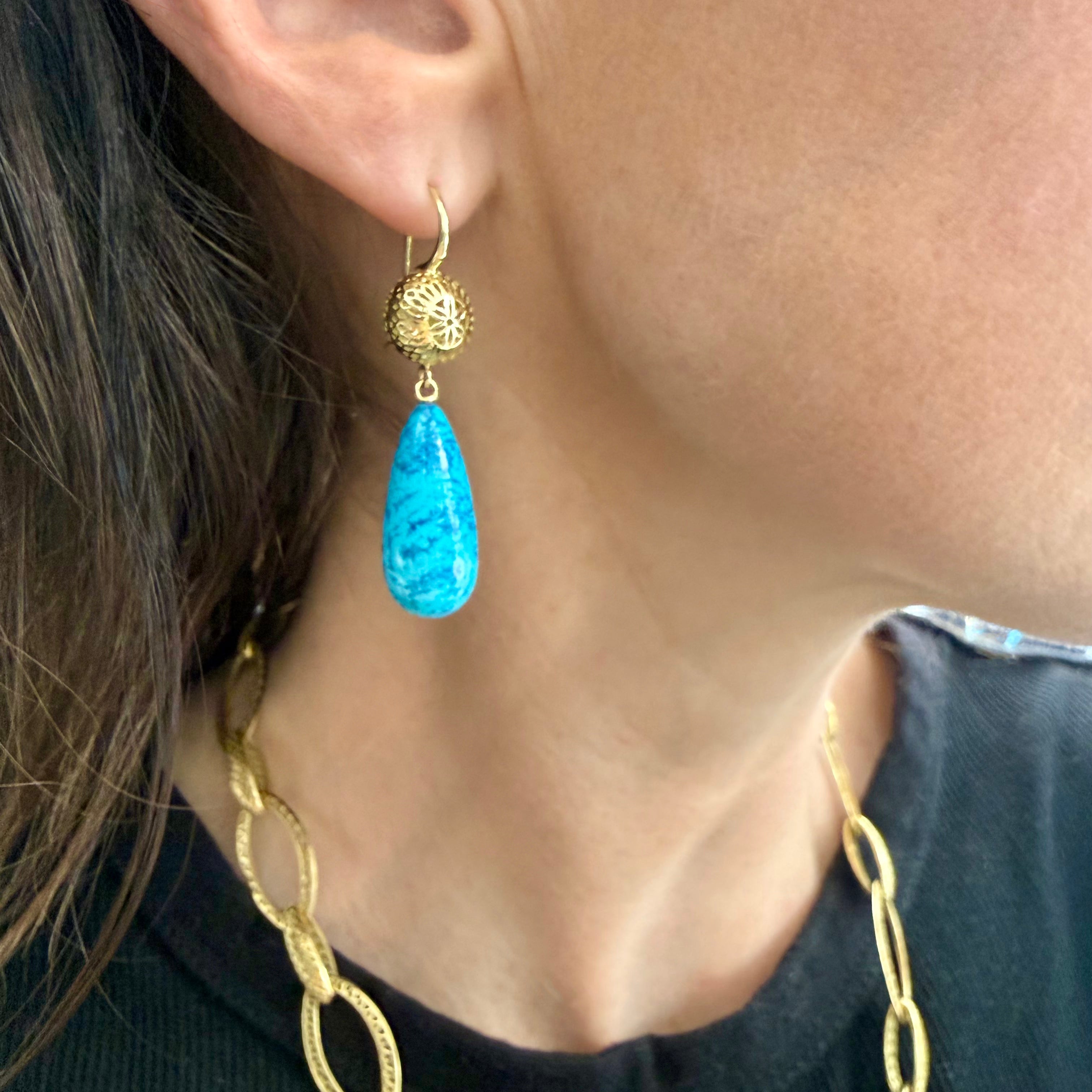 18K Yellow Gold Crownwork® Ball Top Earrings with Chrysocolla & Azurite Drops