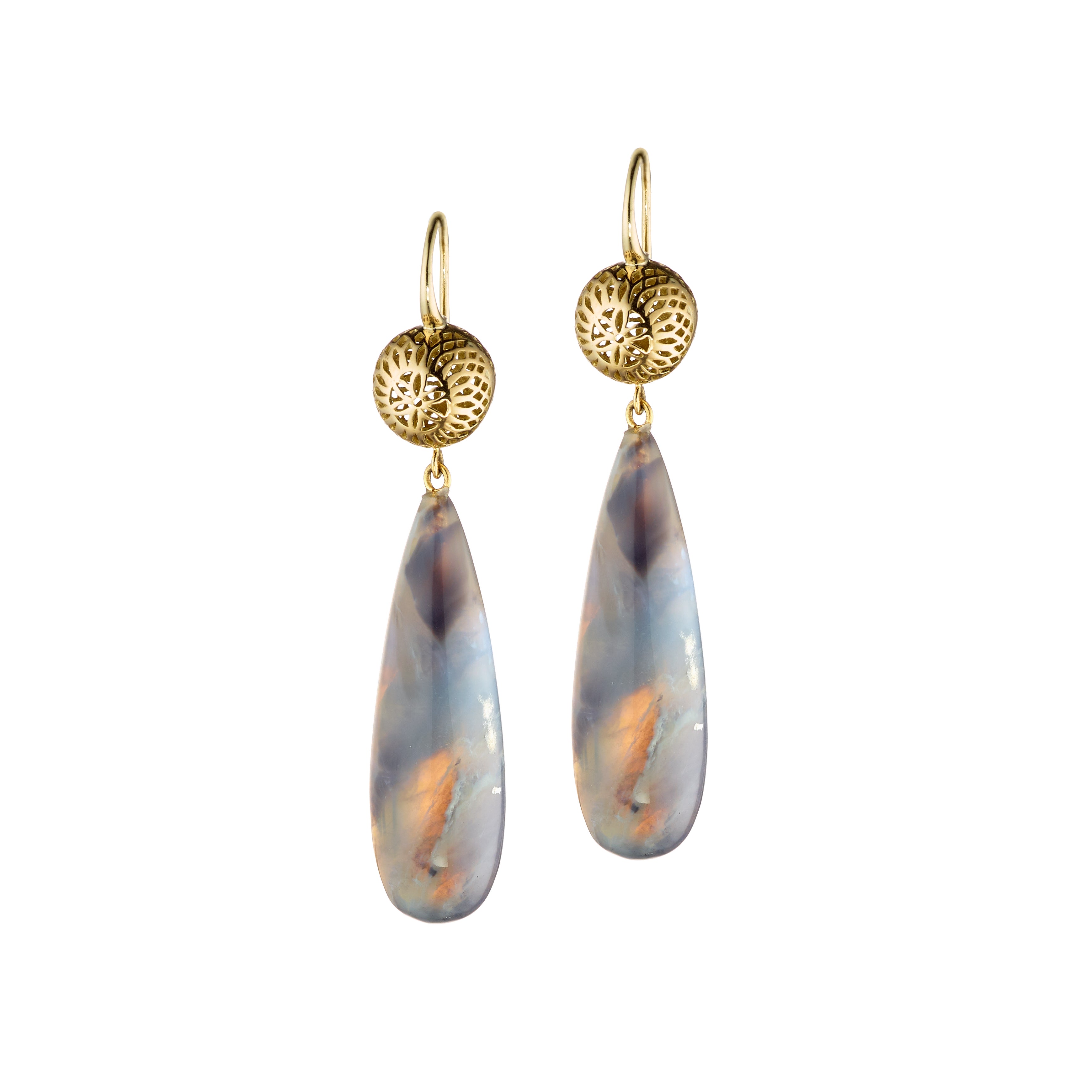 18K Yellow Gold Crownwork® Ball Top Earrings with Australian Boulder Opal Drops