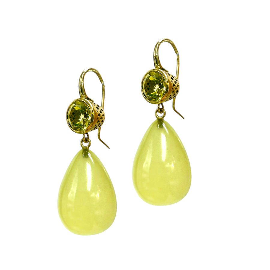 18K Yellow Gold Crownwork® Green Citrine Earrings with Lemon Quartz Drops
