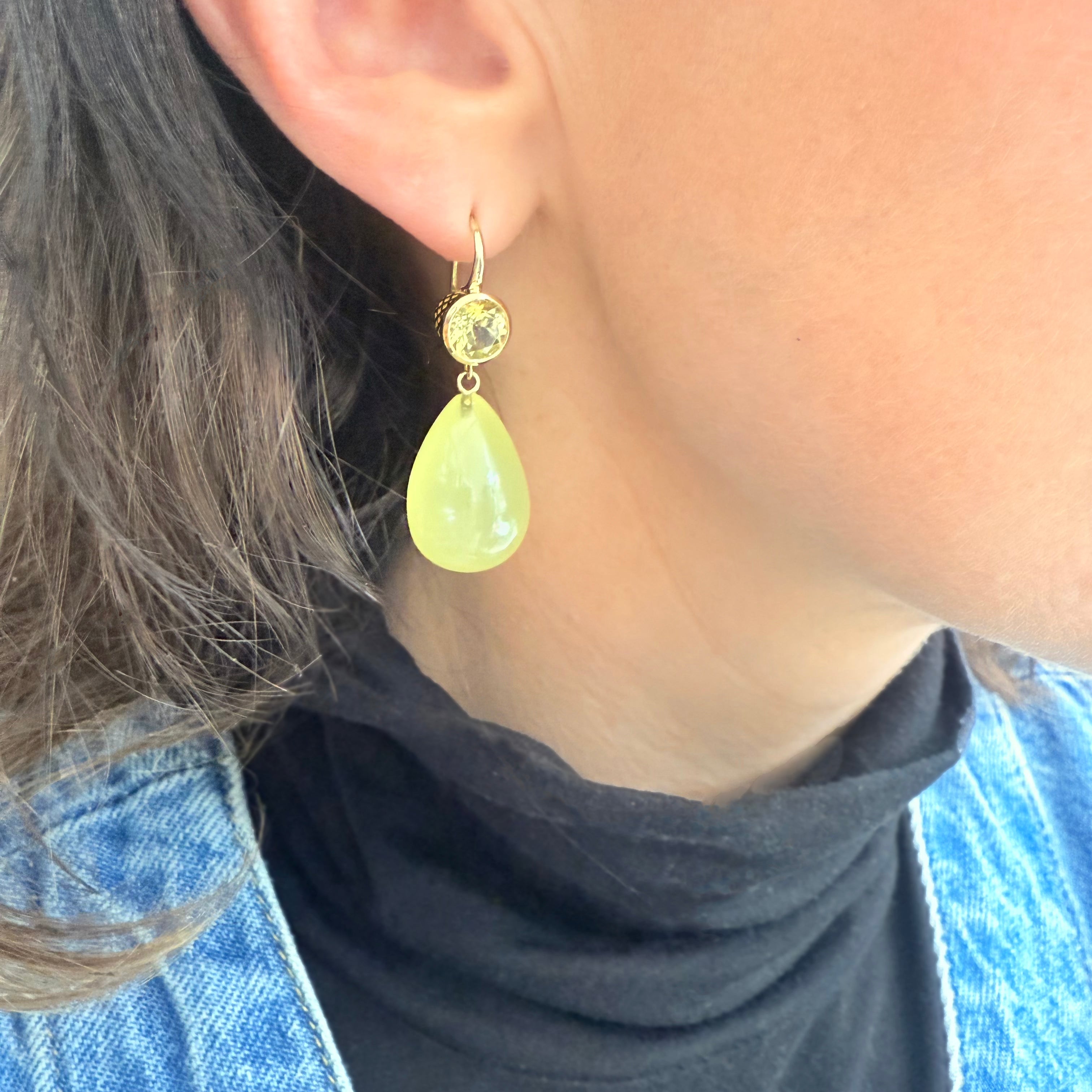 18K Yellow Gold Crownwork® Green Citrine Earrings with Lemon Quartz Drops