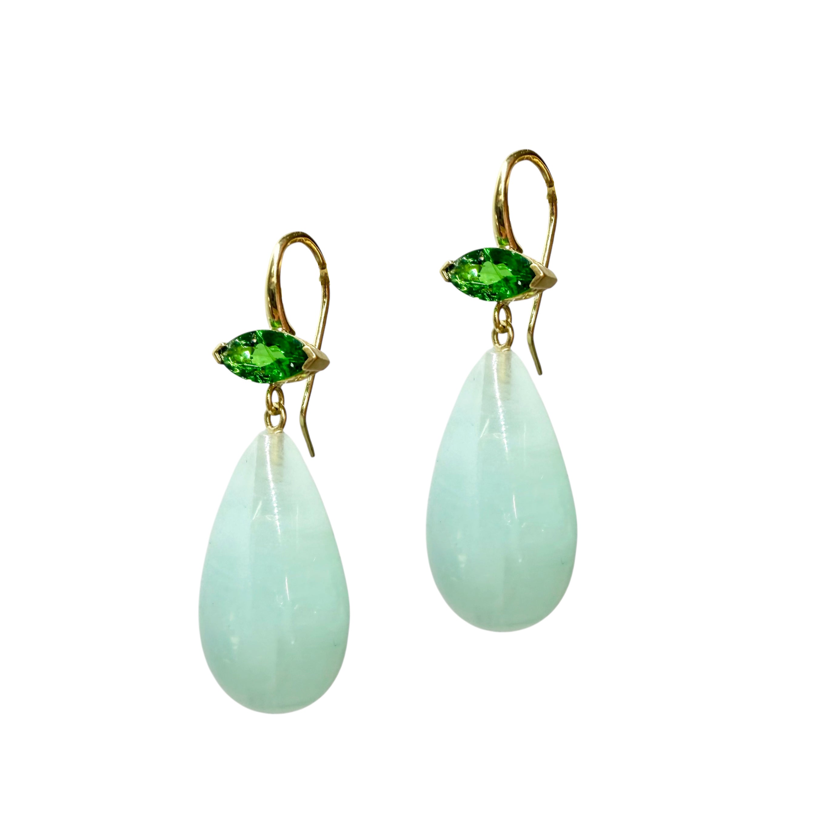 Tsavorite & Afghan  Aquamarine Crownwork® Drop Earrings 18K Gold