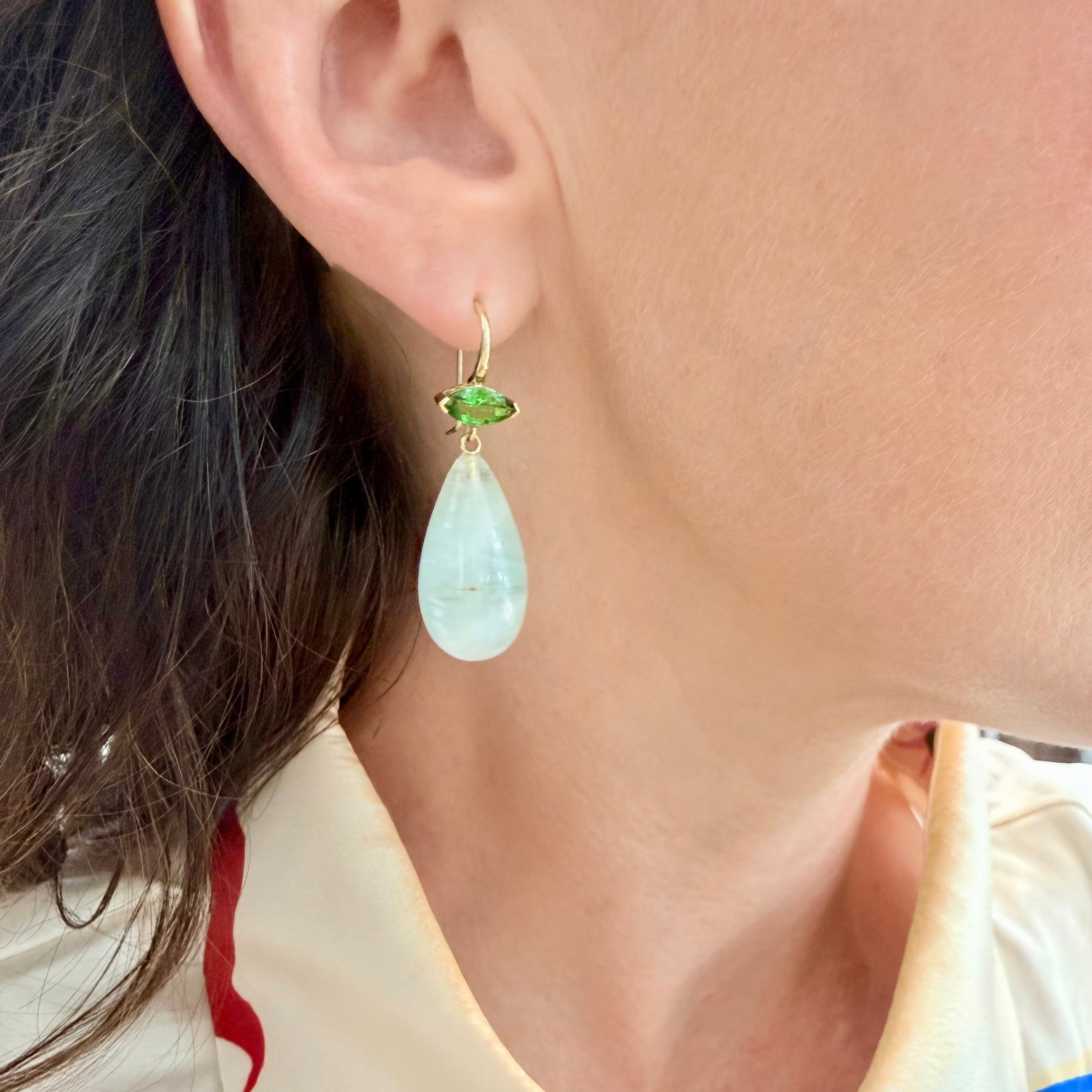 Tsavorite & Afghan  Aquamarine Crownwork® Drop Earrings 18K Gold