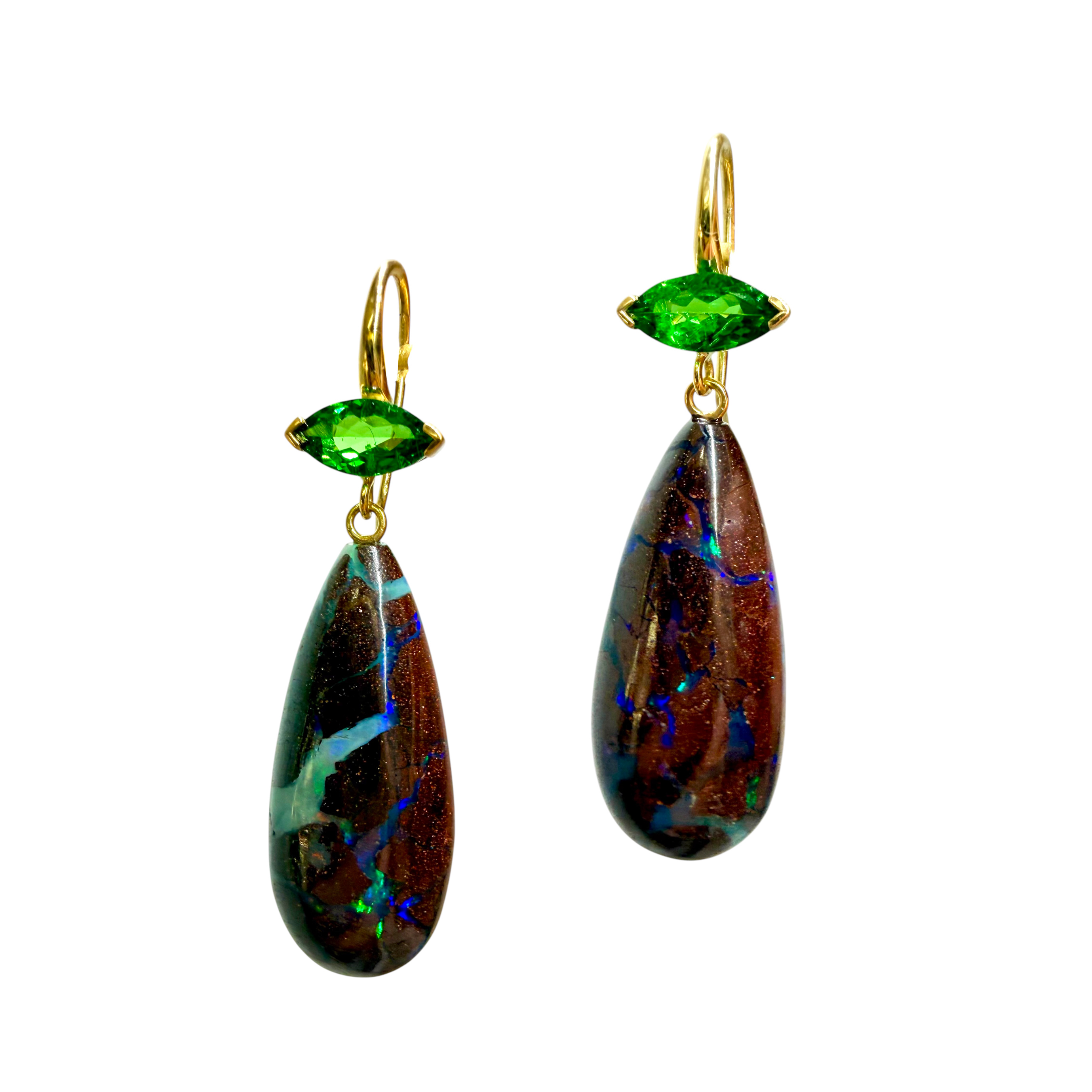 Tsavorite & Boulder Opal Crownwork® Drop Earrings 18K Gold