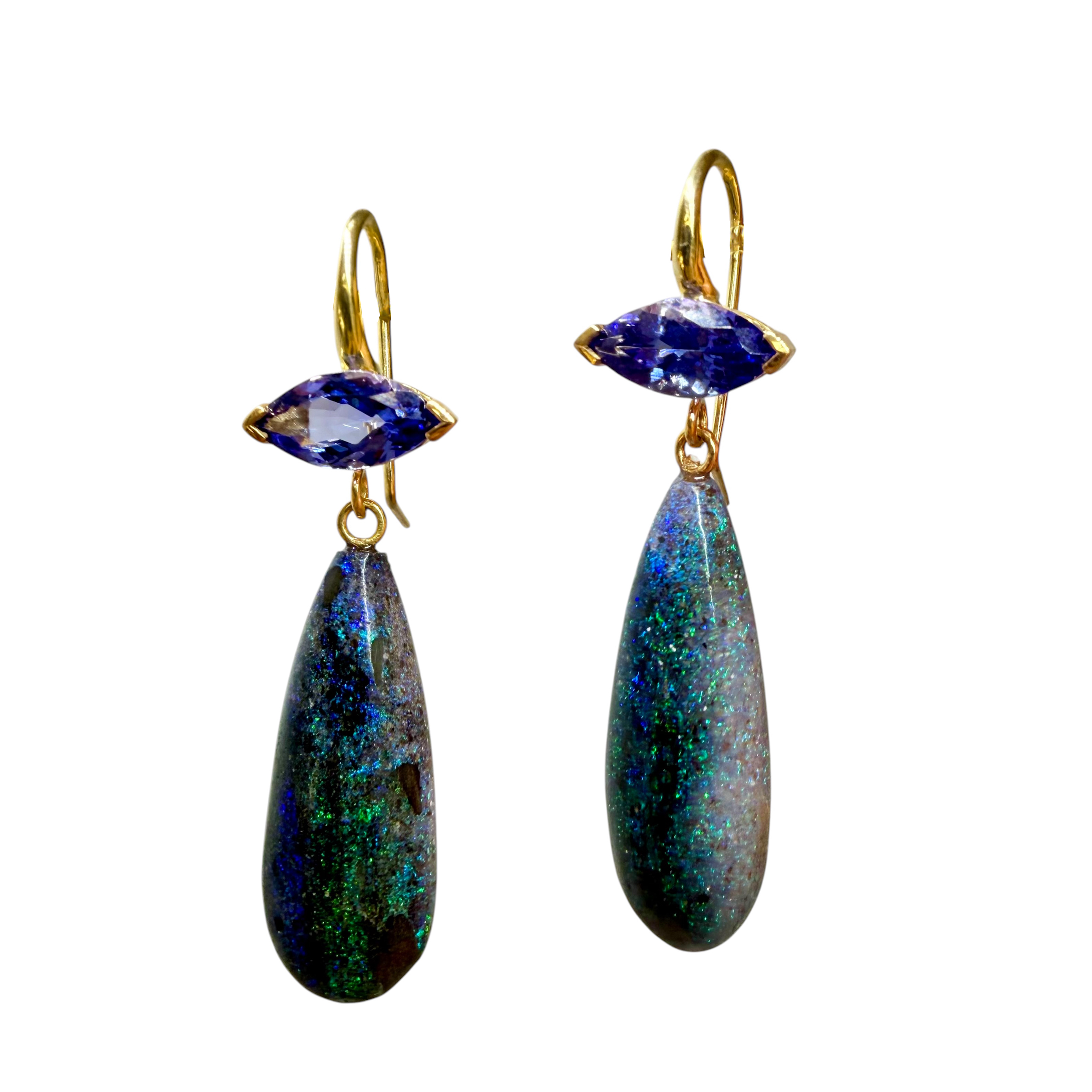 Tanzanite & Andamooka Opal Crownwork® Drop Earrings 18K Gold
