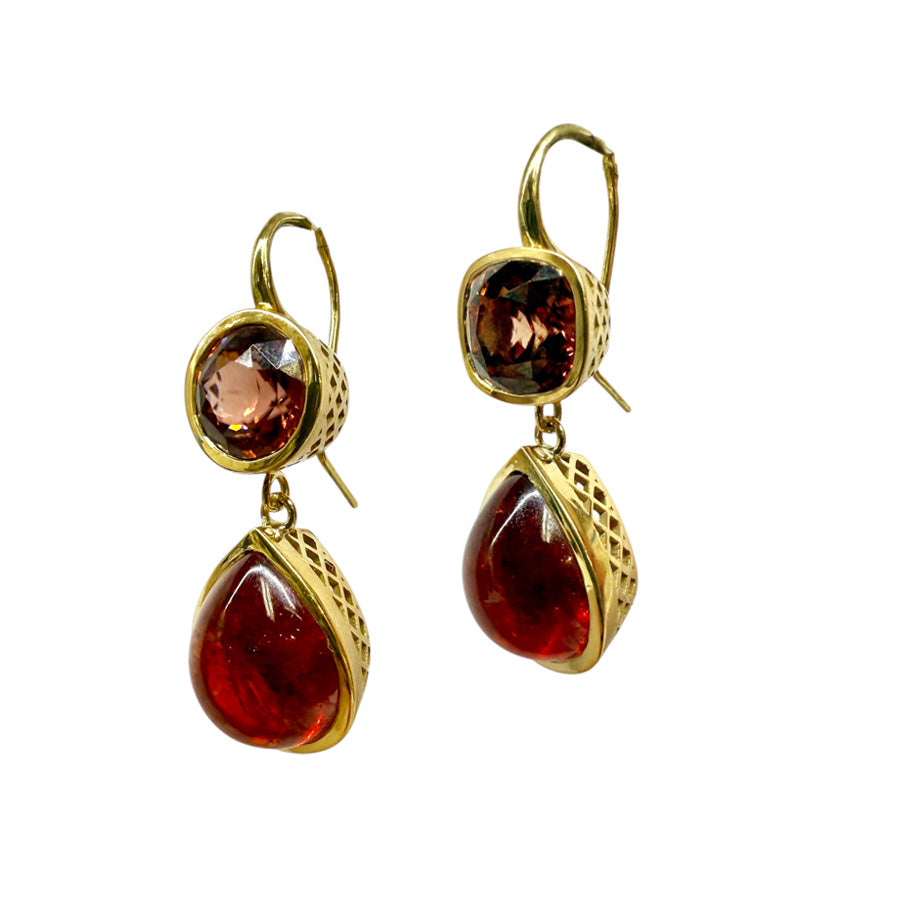 Asymmetric bezel set brown zircon earrings with hessonite garnet drops