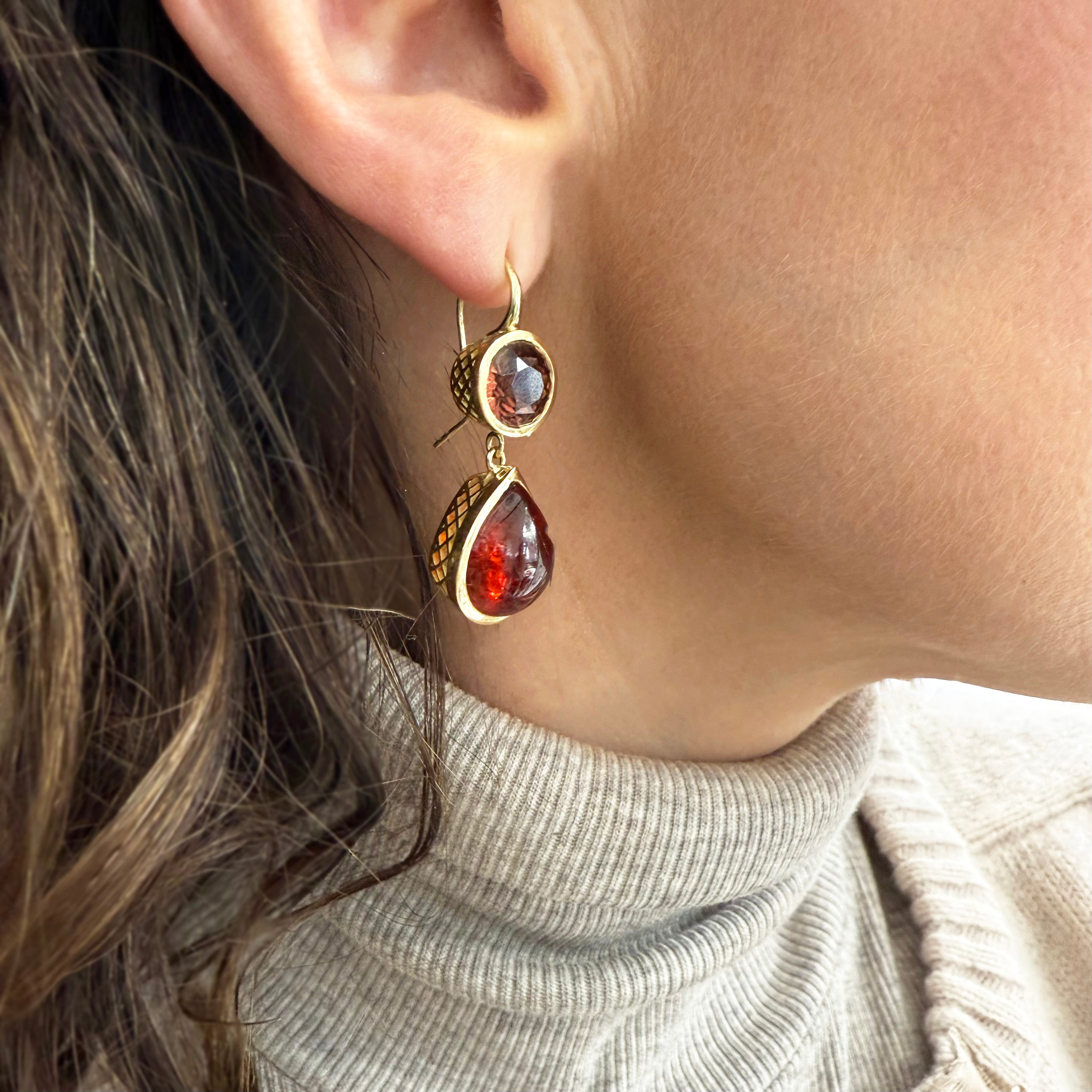 Asymmetric bezel set brown zircon earrings with hessonite garnet drops