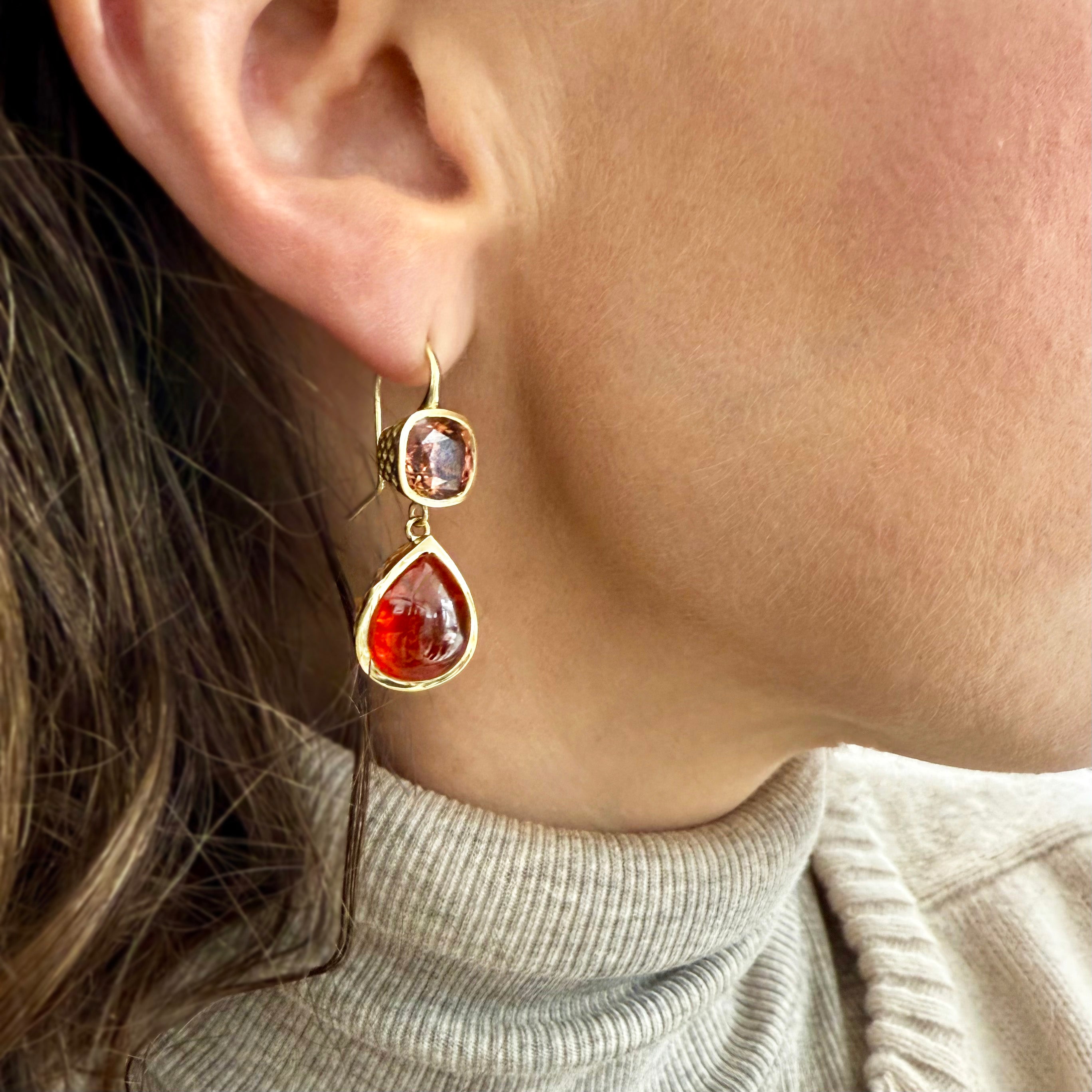 Asymmetric bezel set brown zircon earrings with hessonite garnet drops