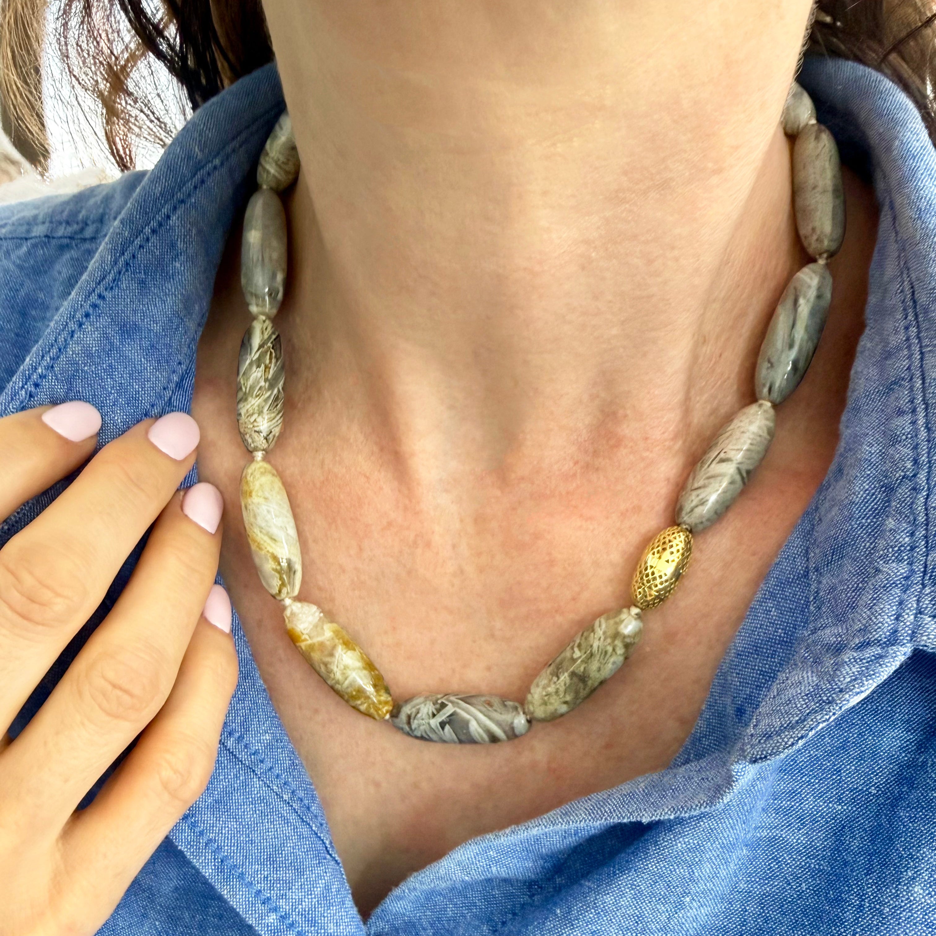 Silver Needle Agate Beaded Necklace 18K Gold Crownwork®