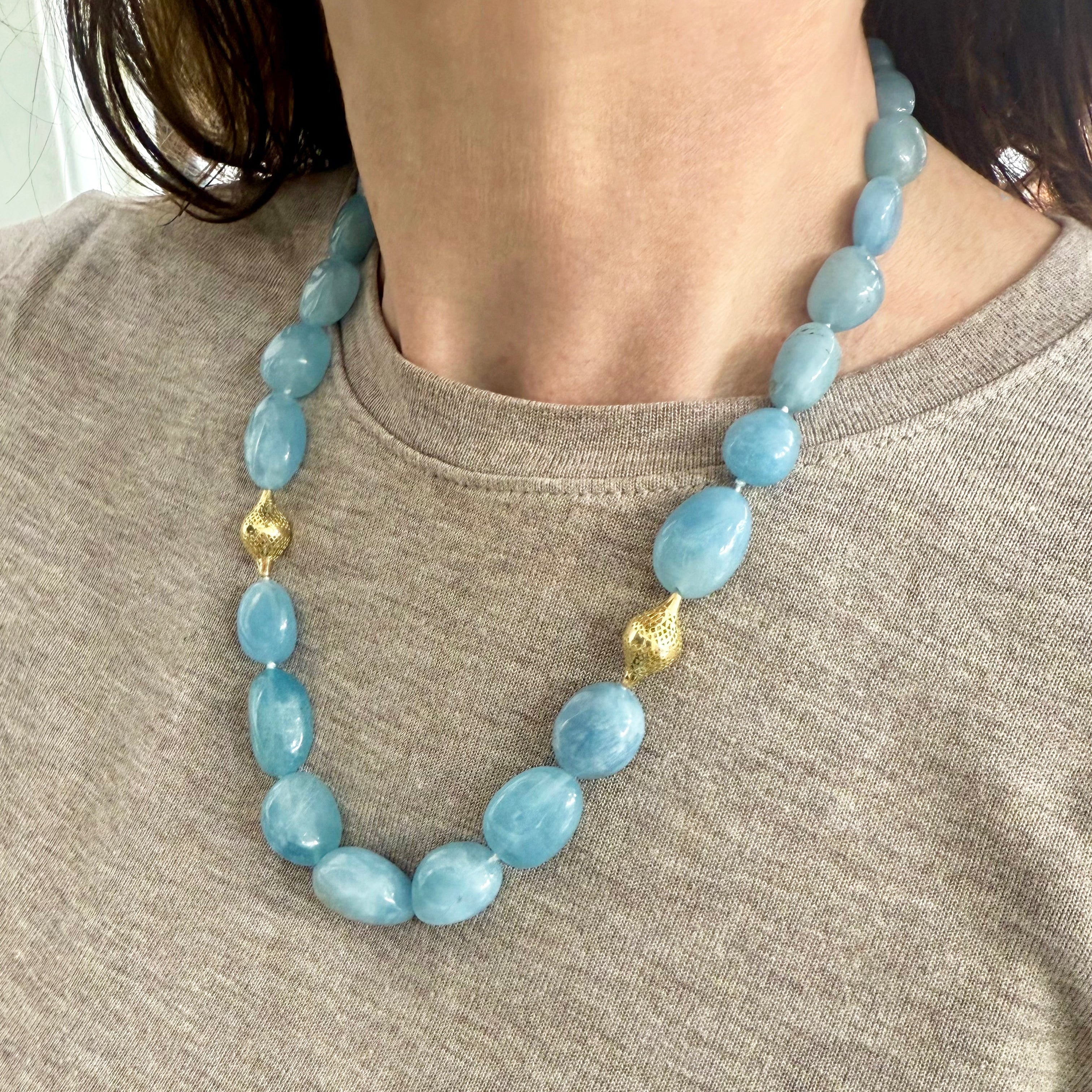 Graduated Aquamarine Beaded Necklace with 18K Yellow Gold Crownwork® Finials